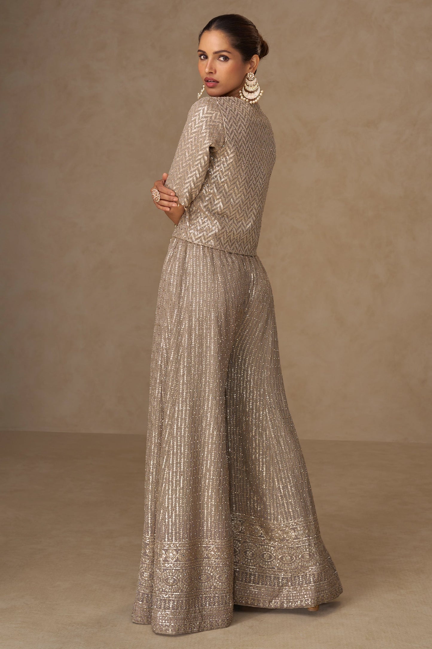 Safari Beige Readymade Georgette Palazzo Set With Shrug-SAR11055_3_SareeButa.com