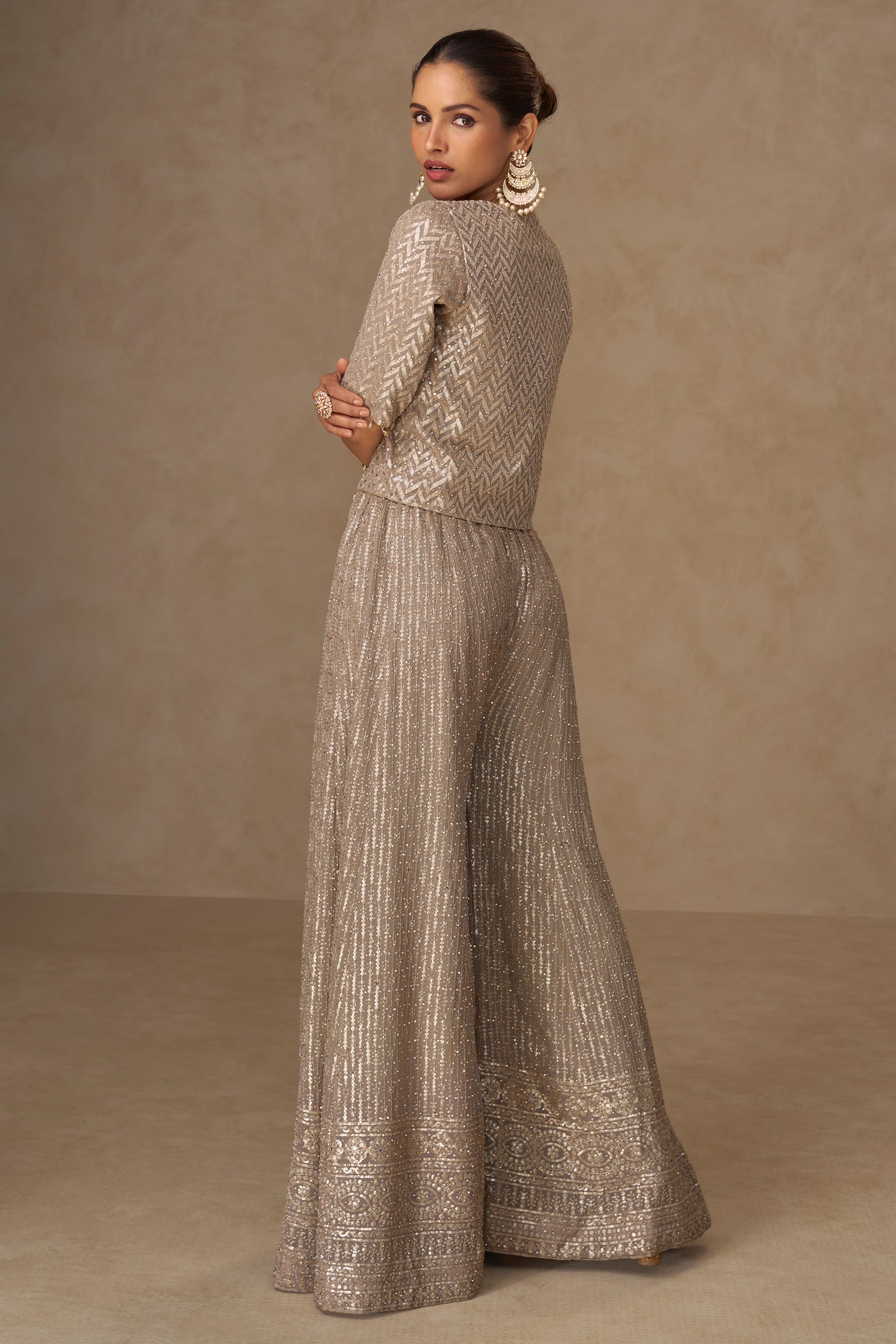 Safari Beige Readymade Georgette Palazzo Set With Shrug-SAR11055_3_SareeButa.com