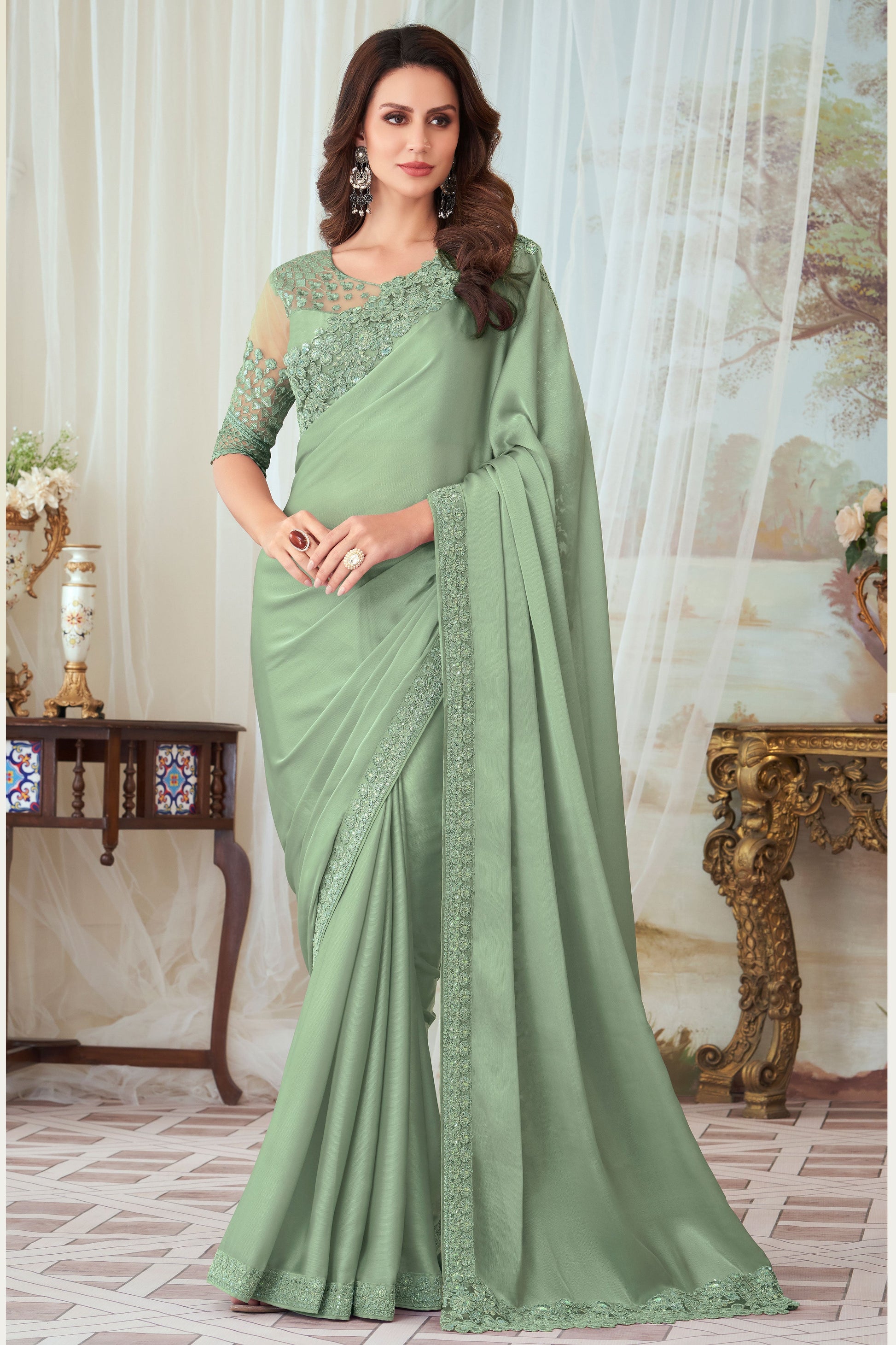 Green Embroidered Silk Saree-ZB133200_1_SareeButa.com