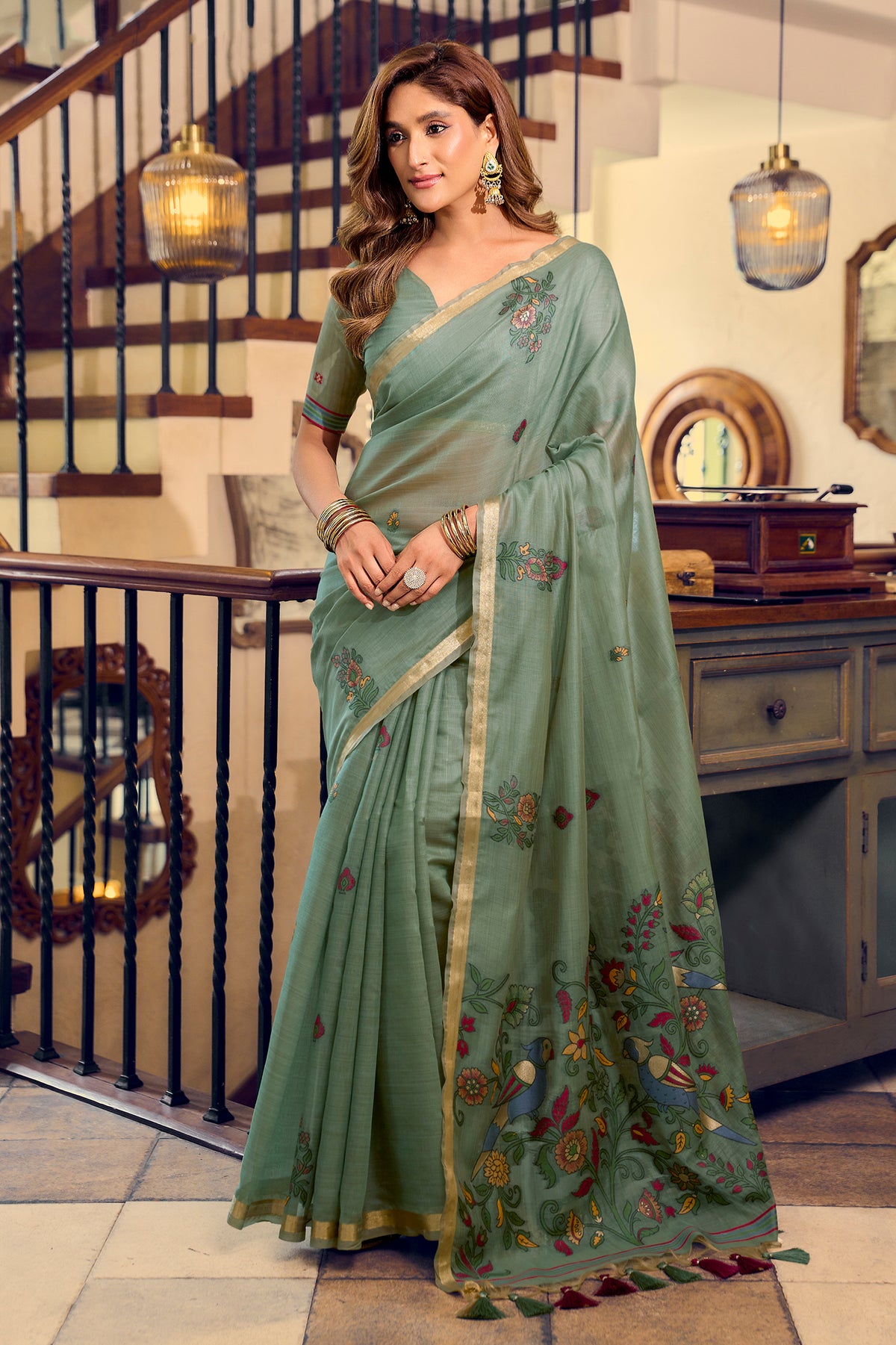 Sage Green Cotton Saree with Kalamkari Motifs-SAR12951_1_SareeButa.com