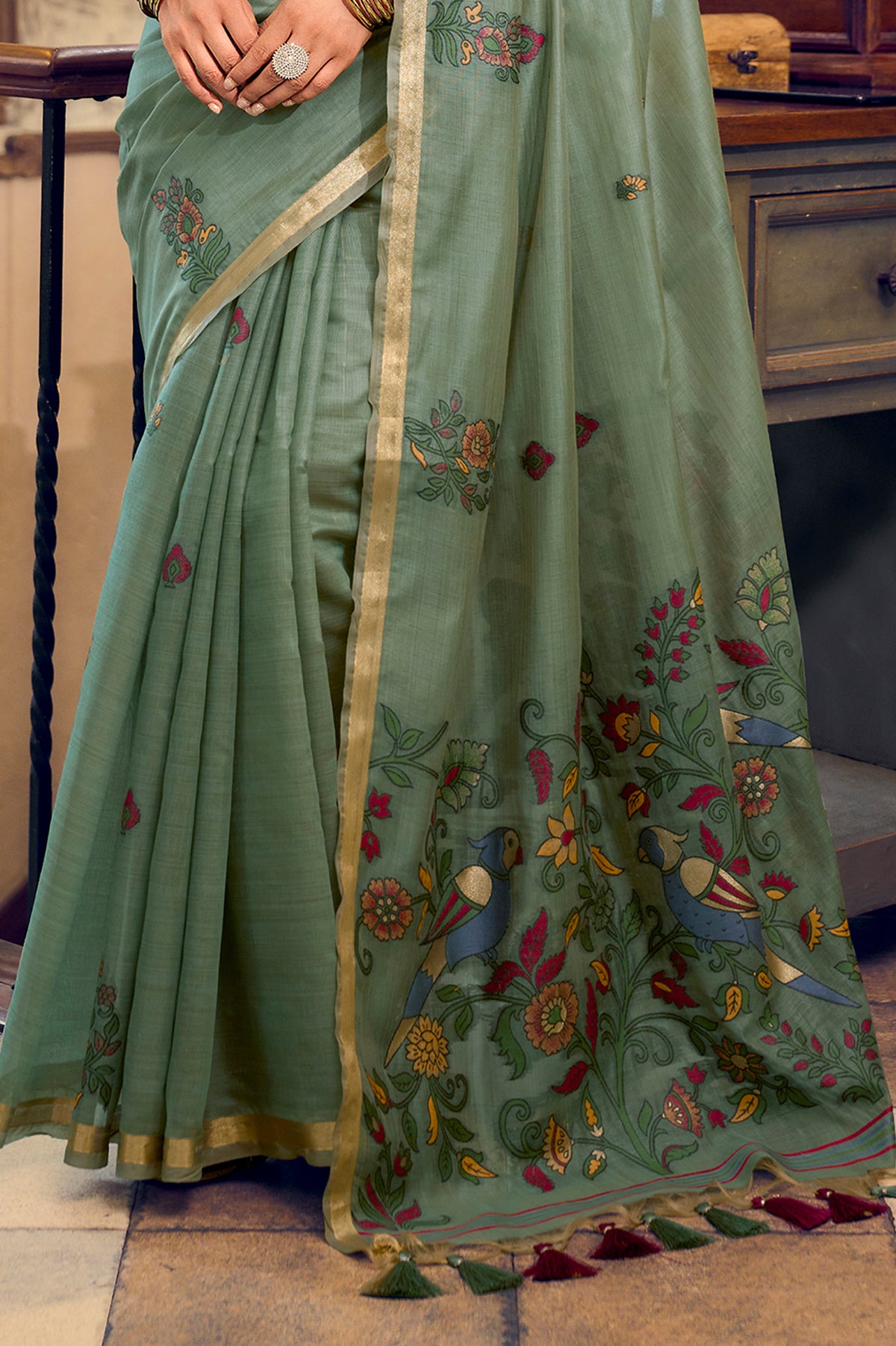 Sage Green Cotton Saree with Kalamkari Motifs-SAR12951_4_SareeButa.com