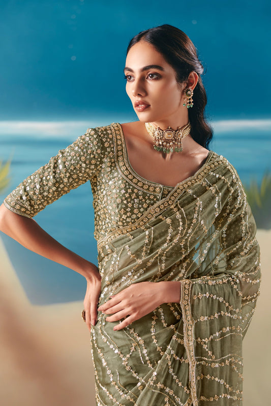 Sage Green Embroidered Satin Organza Saree-SAR11039_2_SareeButa.com