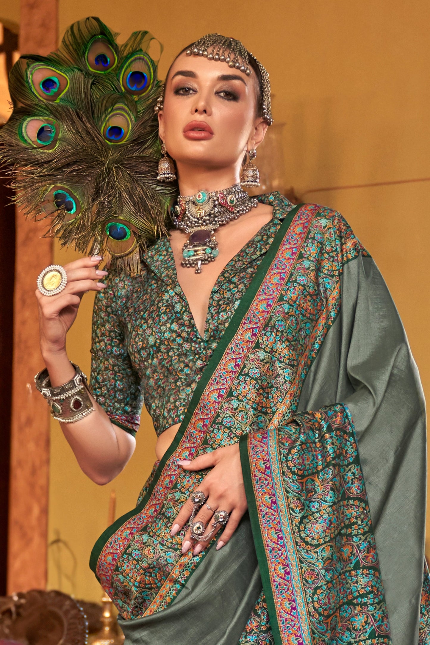 Sage Green Jamewar Printed Viscose Silk Saree-SAR10171_2_SareeButa.com