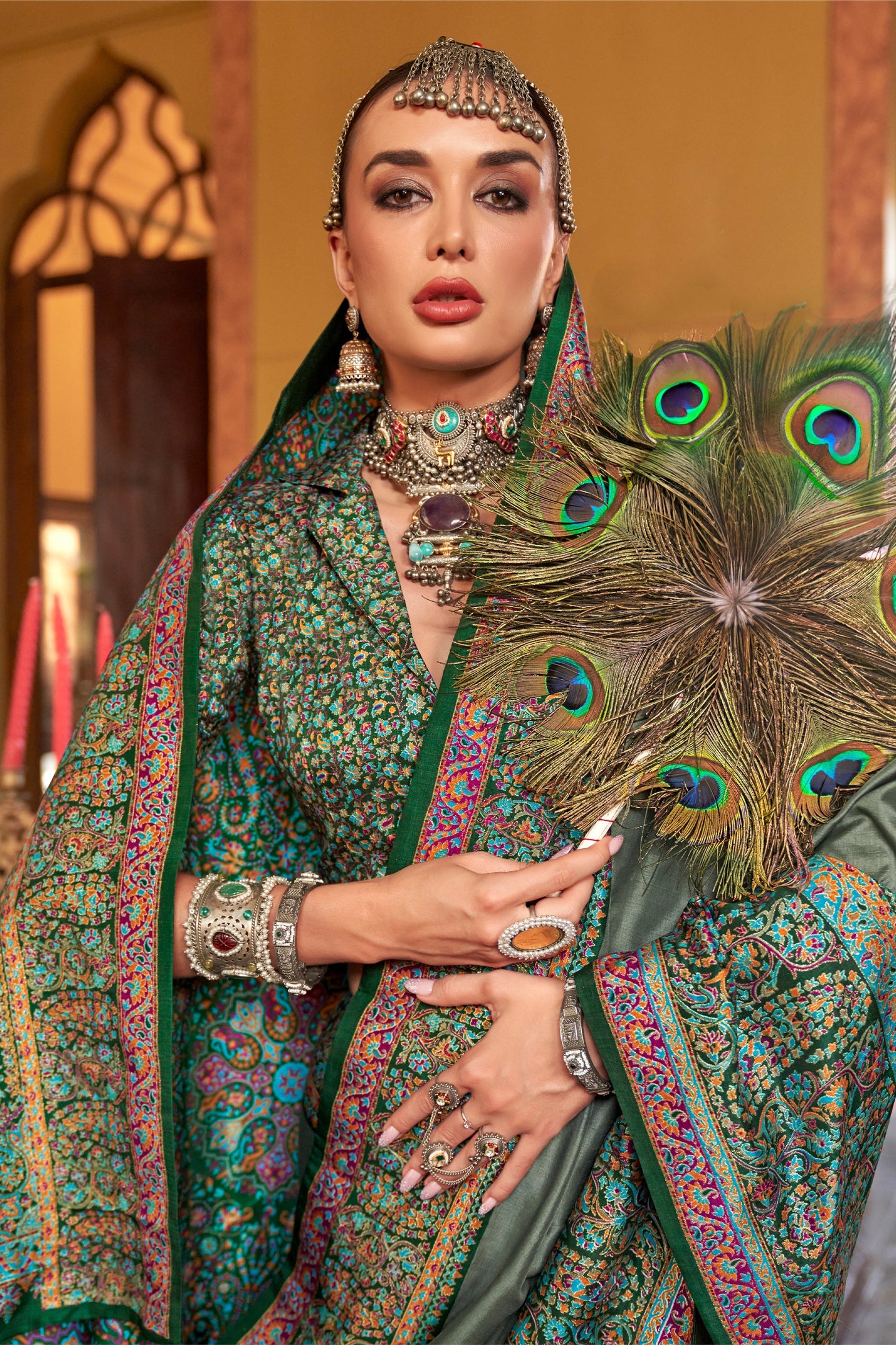 Sage Green Jamewar Printed Viscose Silk Saree-SAR10171_3_SareeButa.com