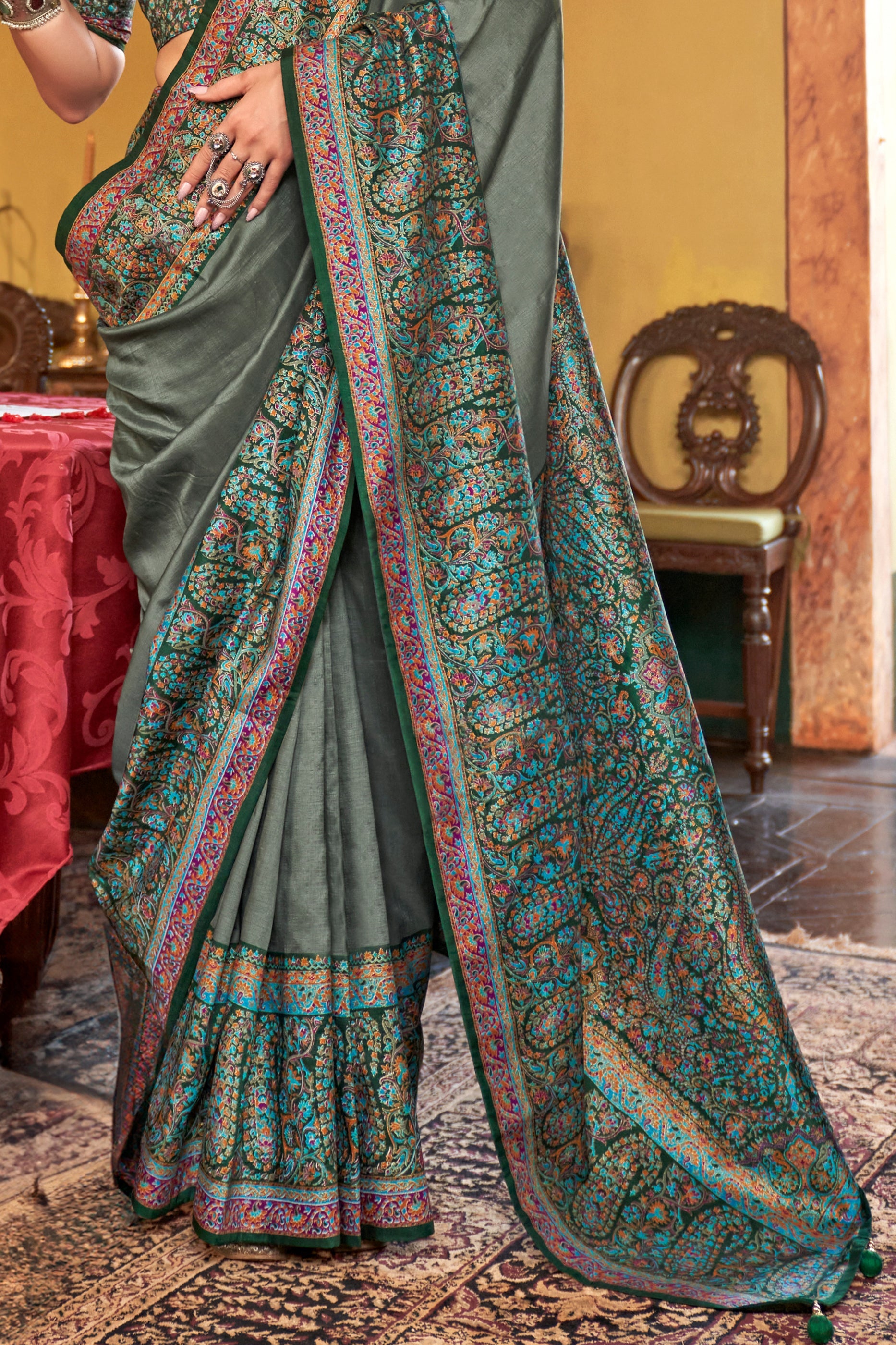 Sage Green Jamewar Printed Viscose Silk Saree-SAR10171_4_SareeButa.com