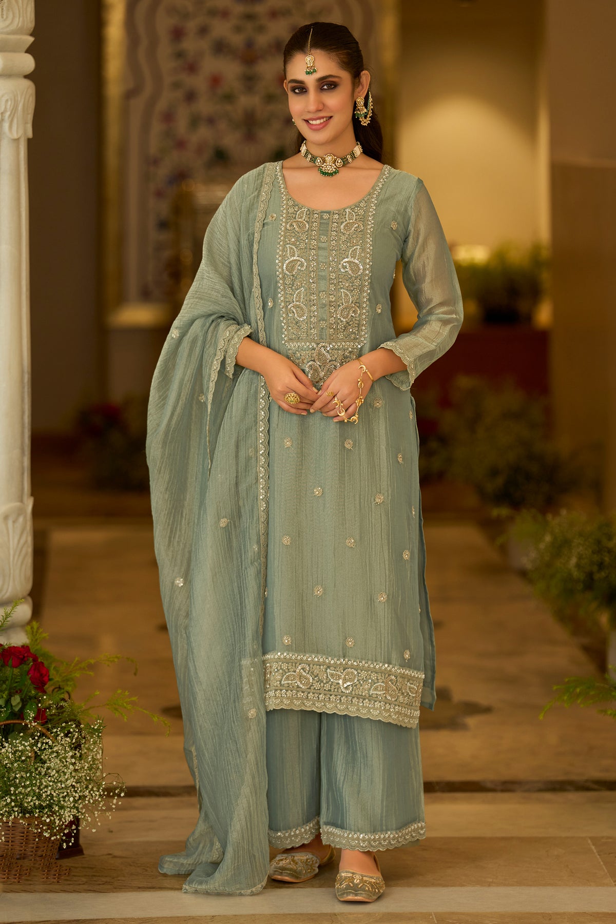 Sage Green Readymade Embroidered Crushed Tissue Suit-SAR13223_1_SareeButa.com