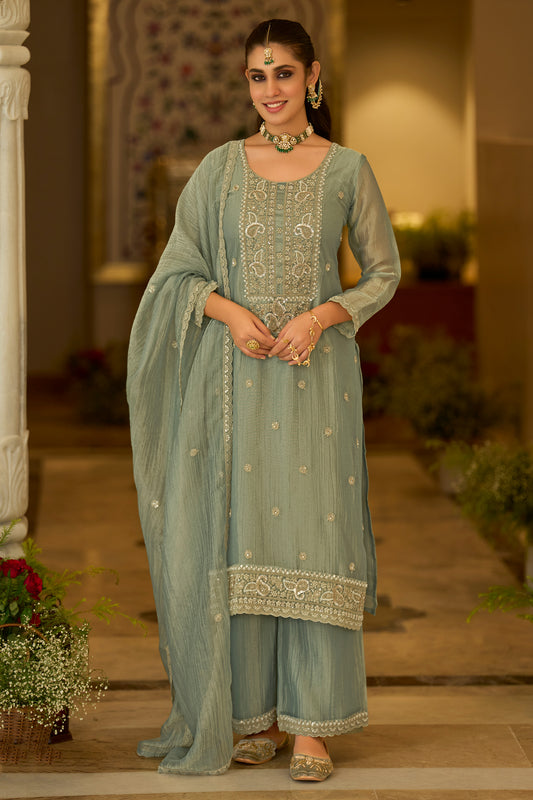 Sage Green Readymade Embroidered Crushed Tissue Suit-SAR13223_1_SareeButa.com