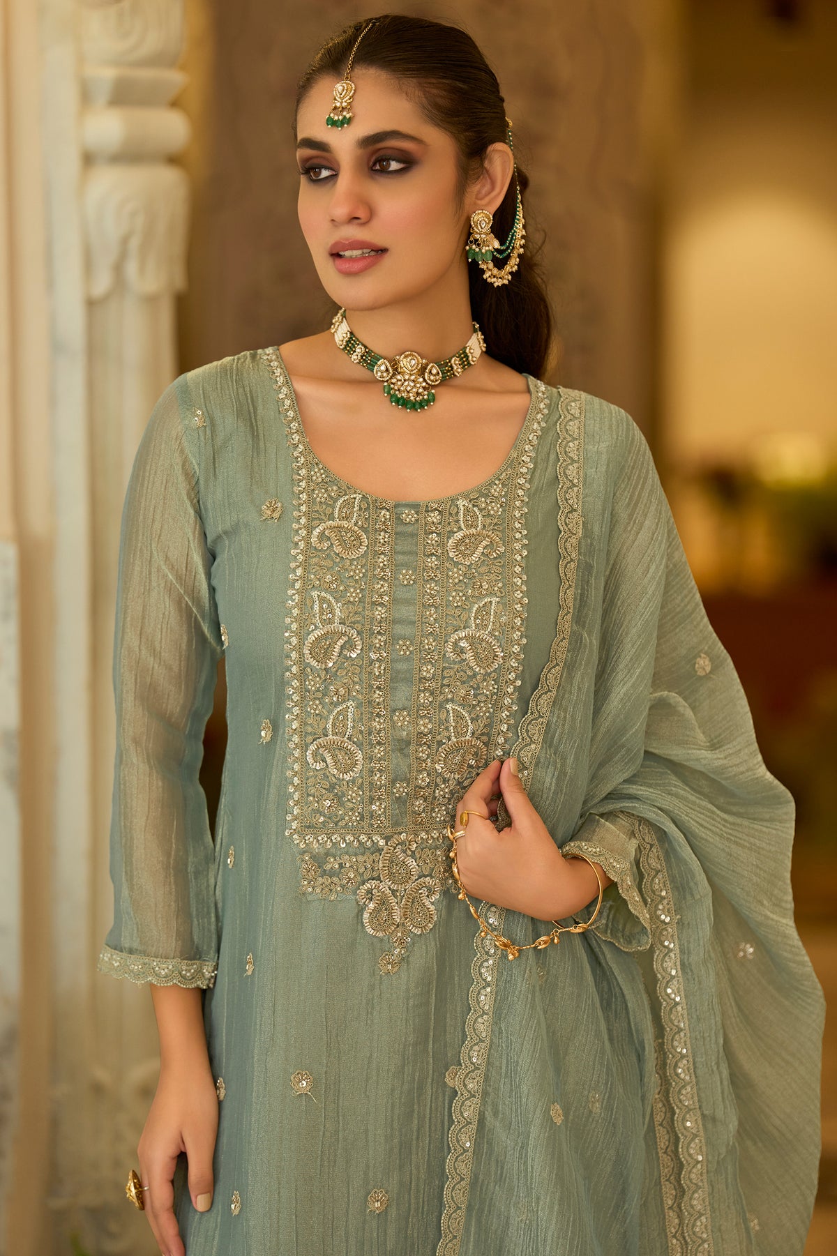Sage Green Readymade Embroidered Crushed Tissue Suit-SAR13223_2_SareeButa.com