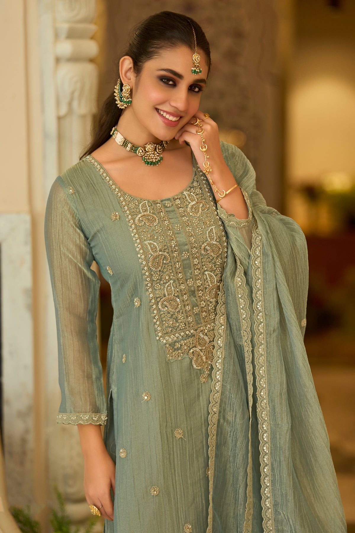 Sage Green Readymade Embroidered Crushed Tissue Suit-SAR13223_3_SareeButa.com