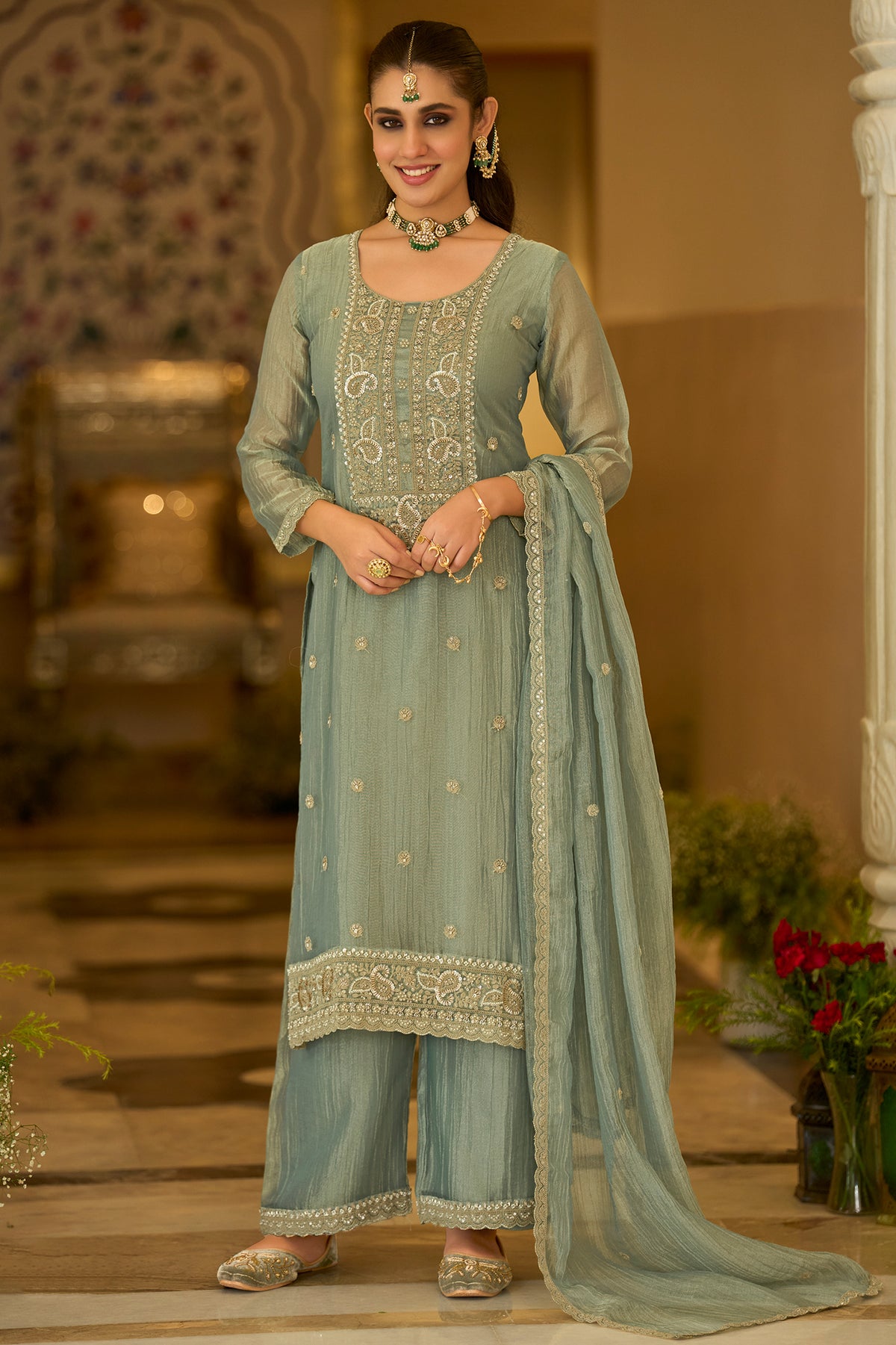 Sage Green Readymade Embroidered Crushed Tissue Suit-SAR13223_4_SareeButa.com