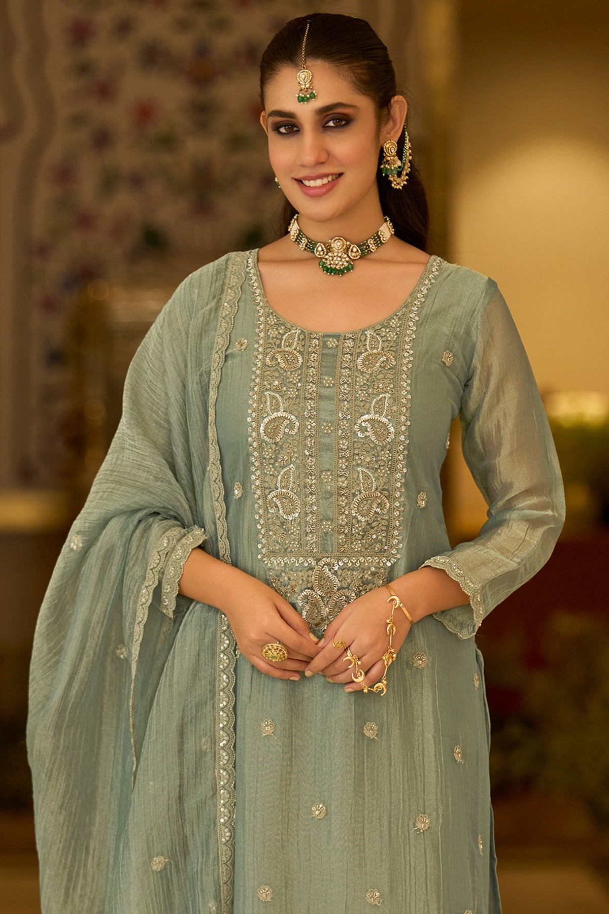 Sage Green Readymade Embroidered Crushed Tissue Suit-SAR13223_5_SareeButa.com