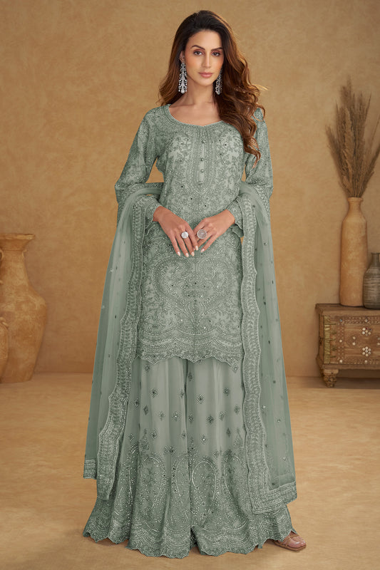 Sage Green Readymade Embroidered Net Suit-SAR13207_1_SareeButa.com
