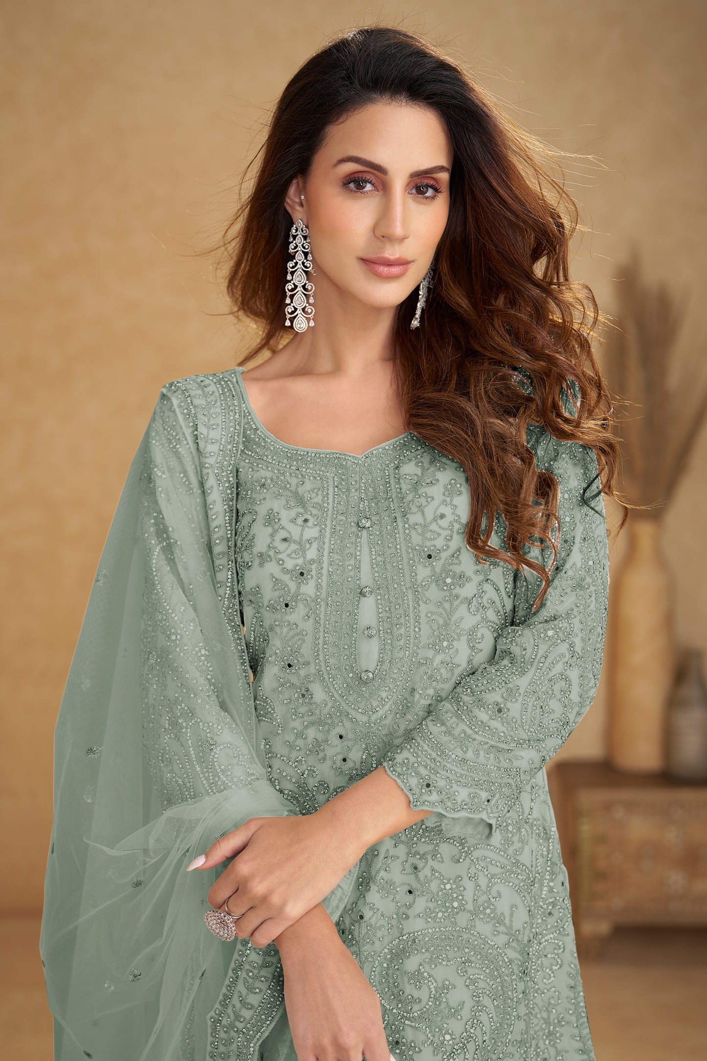 Sage Green Readymade Embroidered Net Suit-SAR13207_2_SareeButa.com