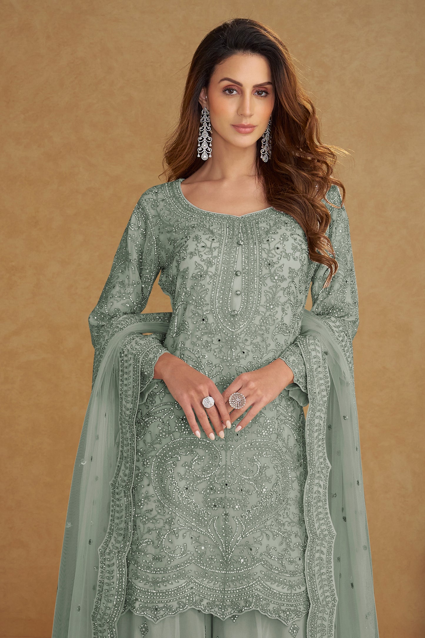 Sage Green Readymade Embroidered Net Suit-SAR13207_3_SareeButa.com