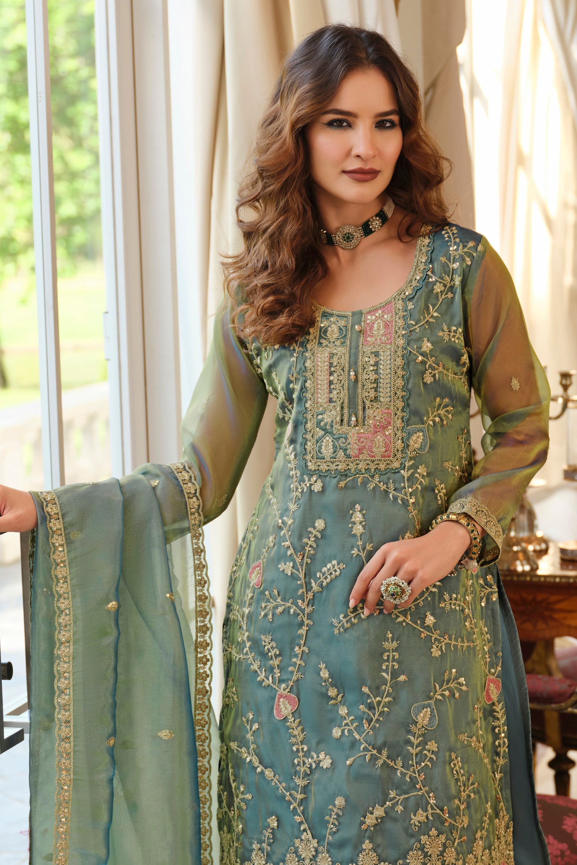 Sage Green Readymade Embroidered Simar Silk Suit-SAR11987_2_SareeButa.com
