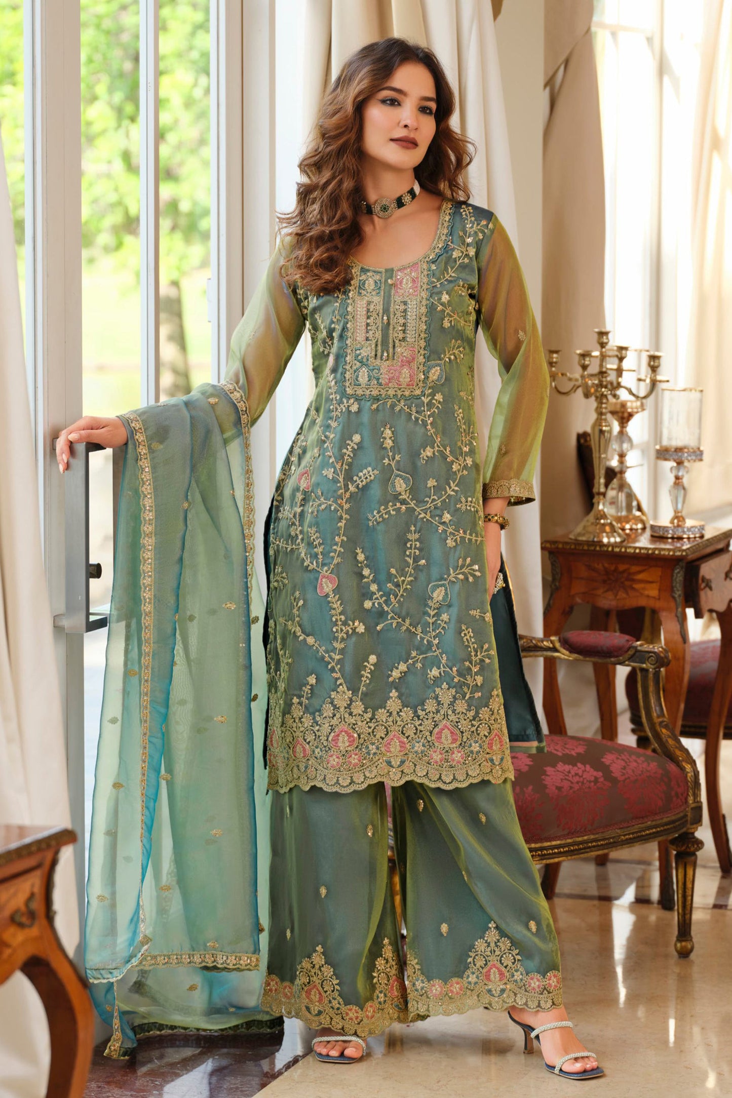 Sage Green Readymade Embroidered Simar Silk Suit-SAR11987_4_SareeButa.com