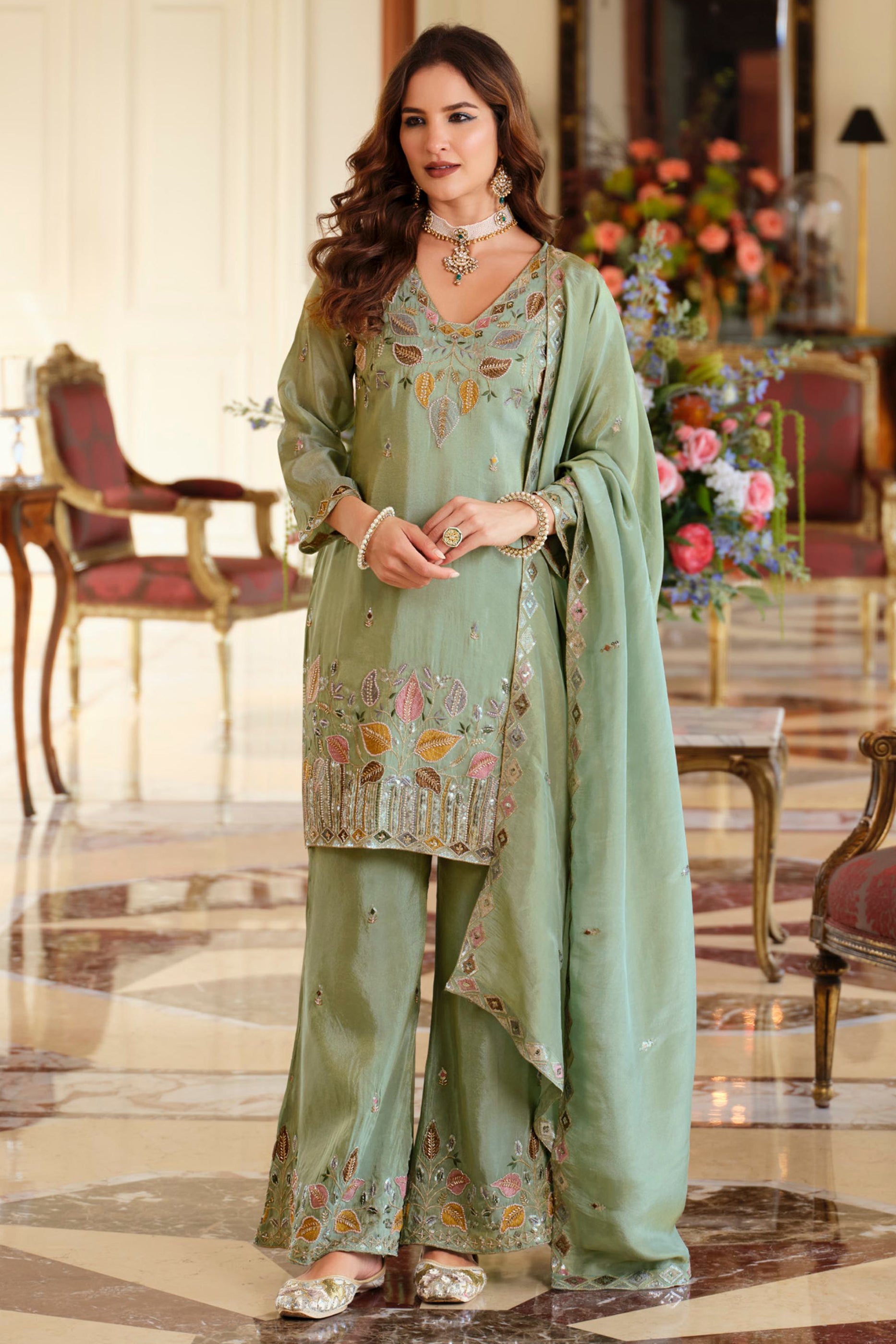 Sage Green Readymade Embroidered Simar Silk Suit-SAR12009_4_SareeButa.com