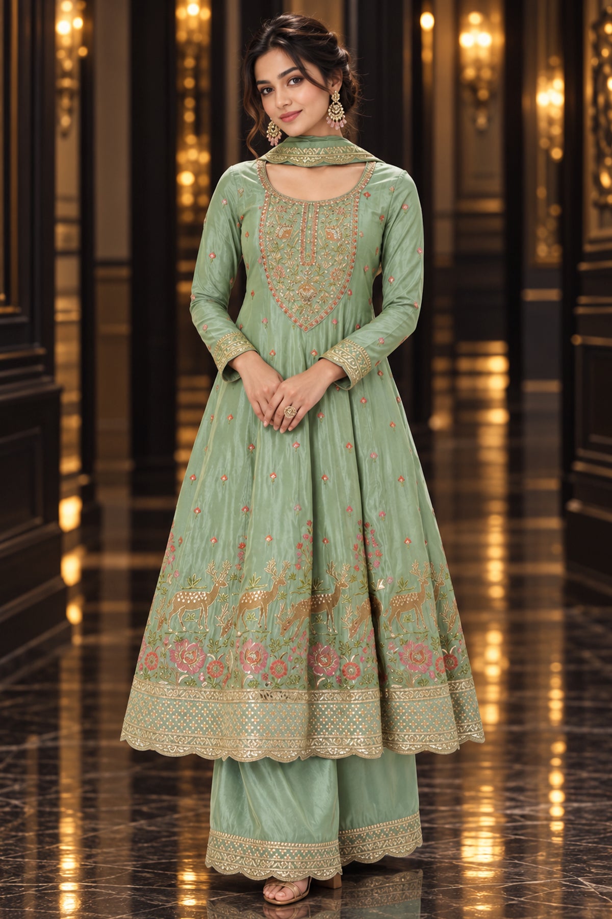Sage Green Readymade Embroidered Tissue Anarkali Suit-SAR13567_1_SareeButa.com