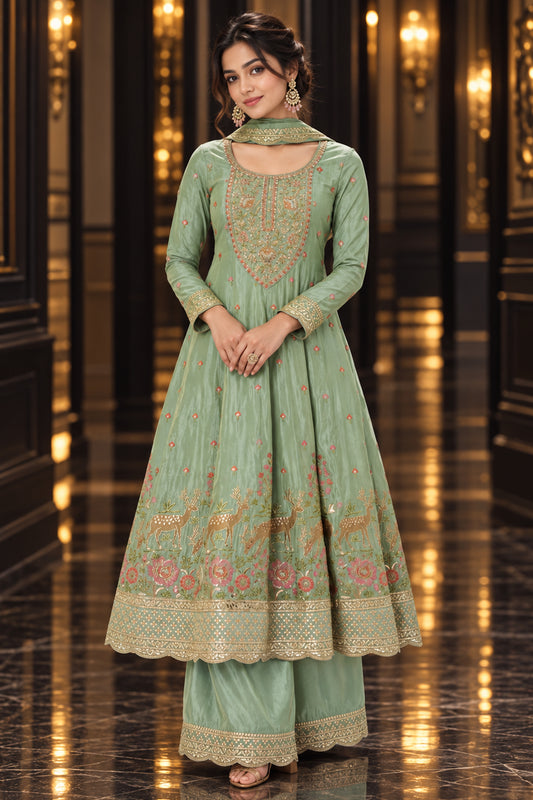 Sage Green Readymade Embroidered Tissue Anarkali Suit-SAR13567_1_SareeButa.com