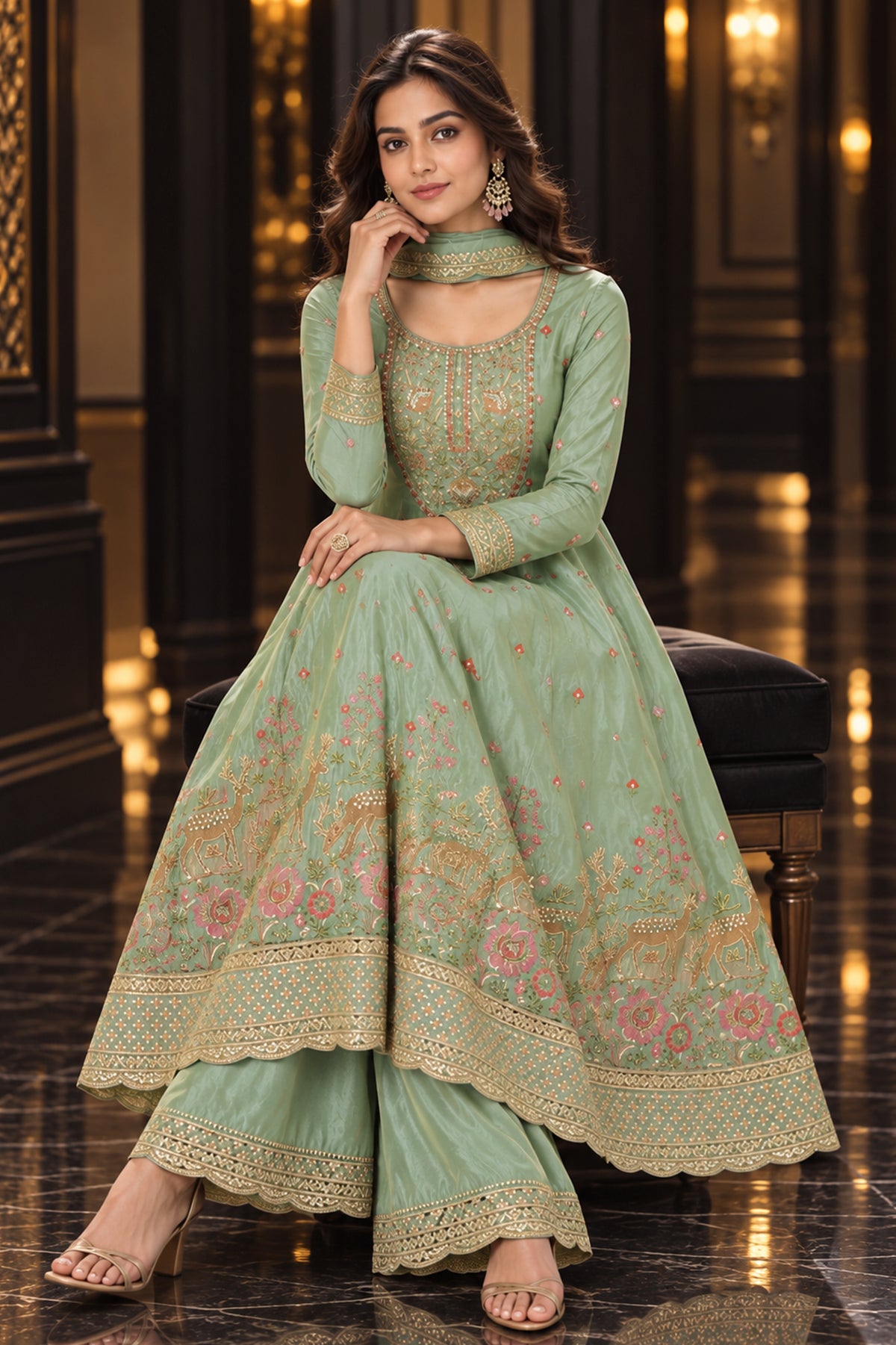 Sage Green Readymade Embroidered Tissue Anarkali Suit-SAR13567_2_SareeButa.com
