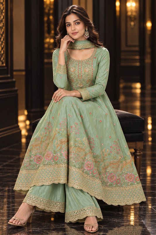 Sage Green Readymade Embroidered Tissue Anarkali Suit-SAR13567_2_SareeButa.com