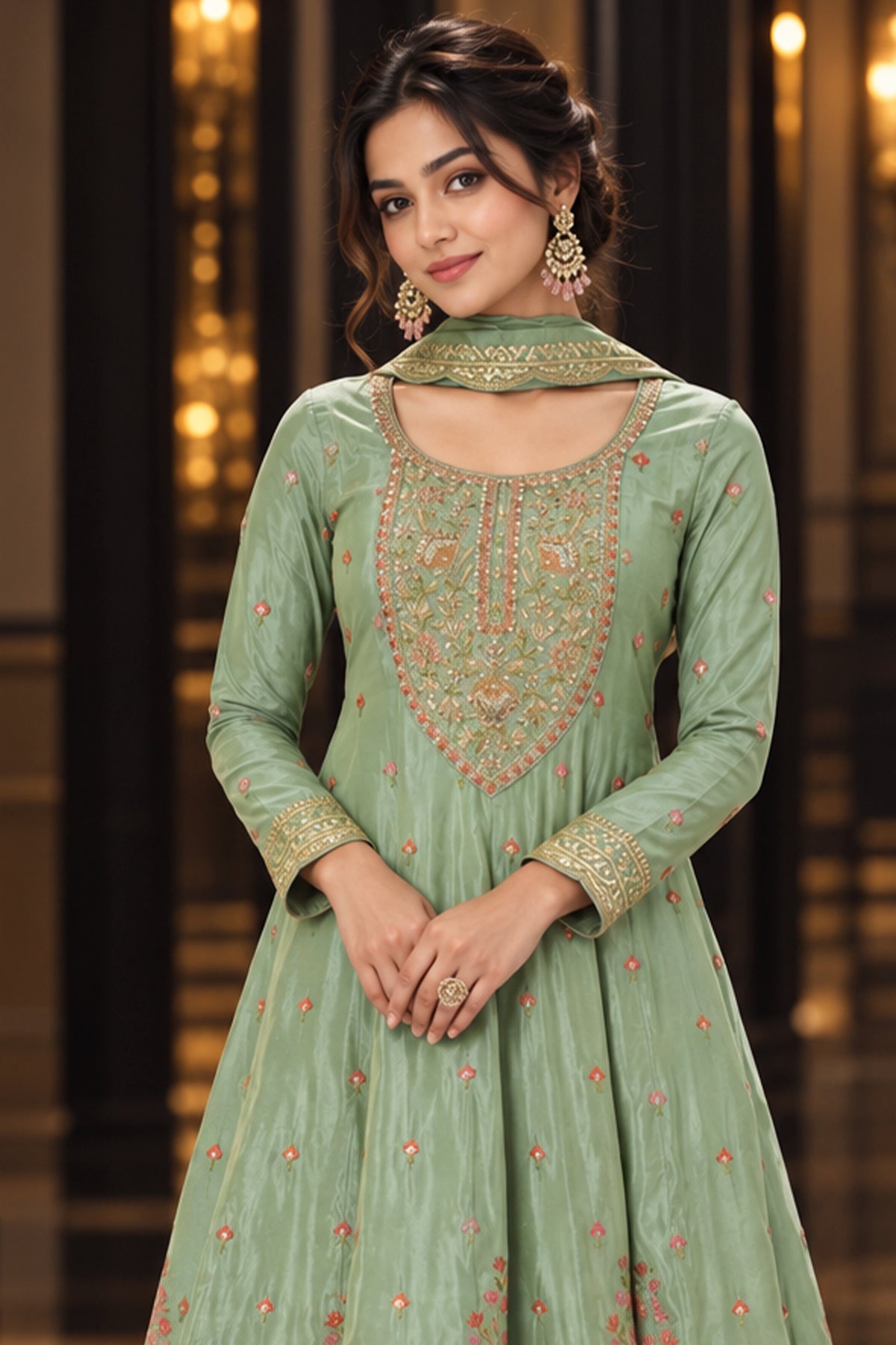 Sage Green Readymade Embroidered Tissue Anarkali Suit-SAR13567_3_SareeButa.com