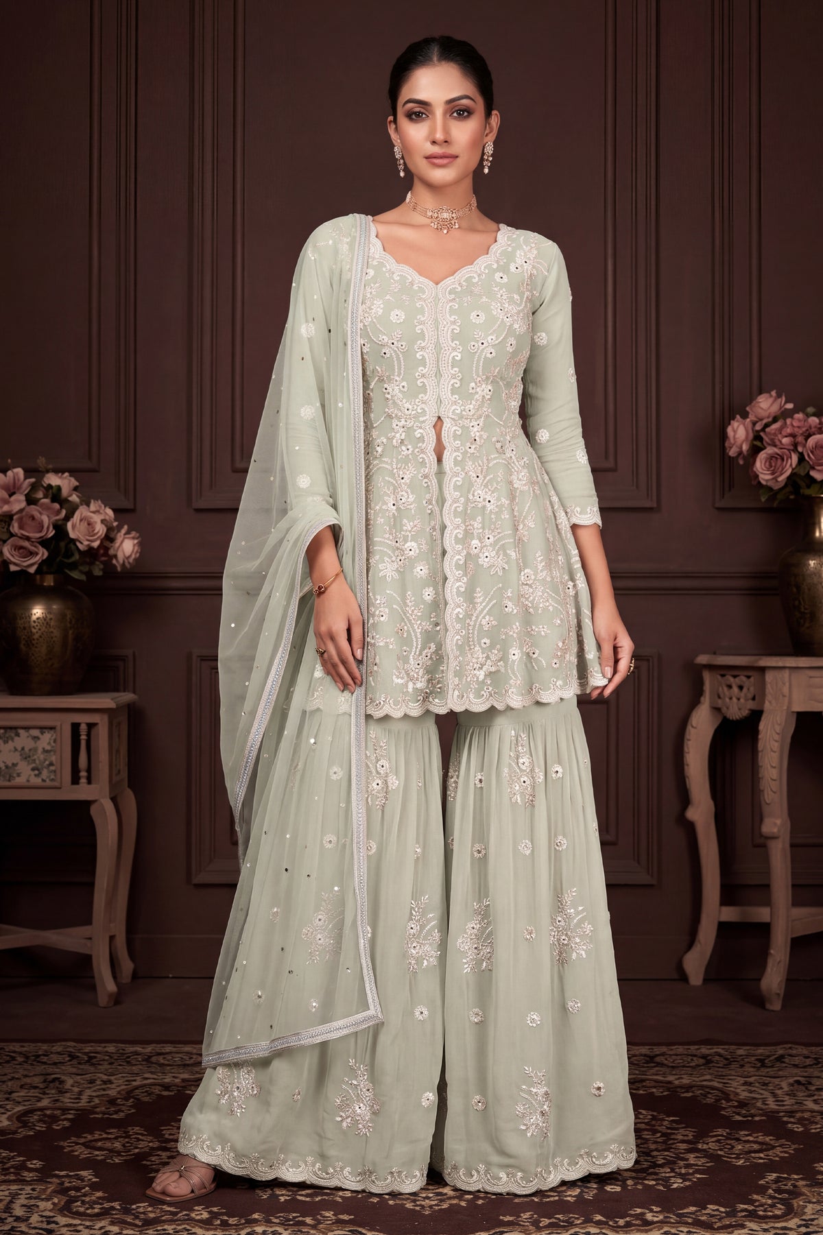 Sage Green Readymade Georgette Sharara Suit-SAR13348_1_SareeButa.com