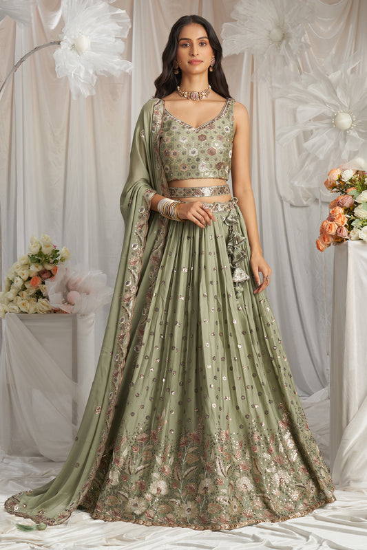 Sage Green Semi-Stitched Embroidered Georgette Lehenga-SAR12839_1_SareeButa.com