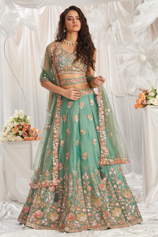 Sage Green Semi-Stitched Embroidered Organza Lehenga-SAR12836_1_SareeButa.com