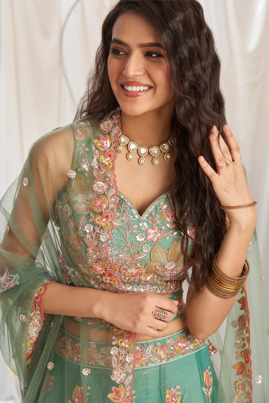 Sage Green Semi-Stitched Embroidered Organza Lehenga-SAR12836_2_SareeButa.com