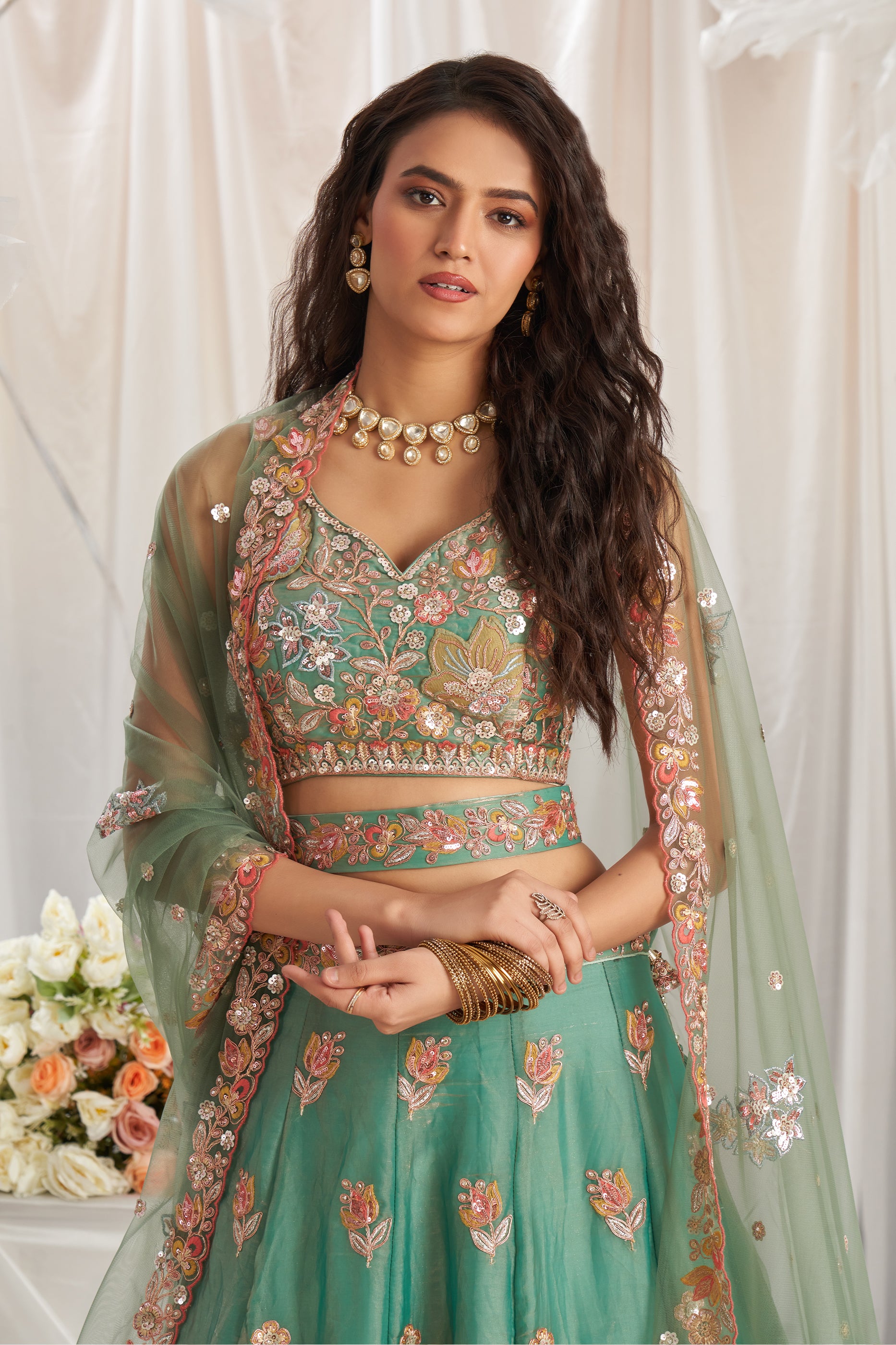 Sage Green Semi-Stitched Embroidered Organza Lehenga-SAR12836_3_SareeButa.com