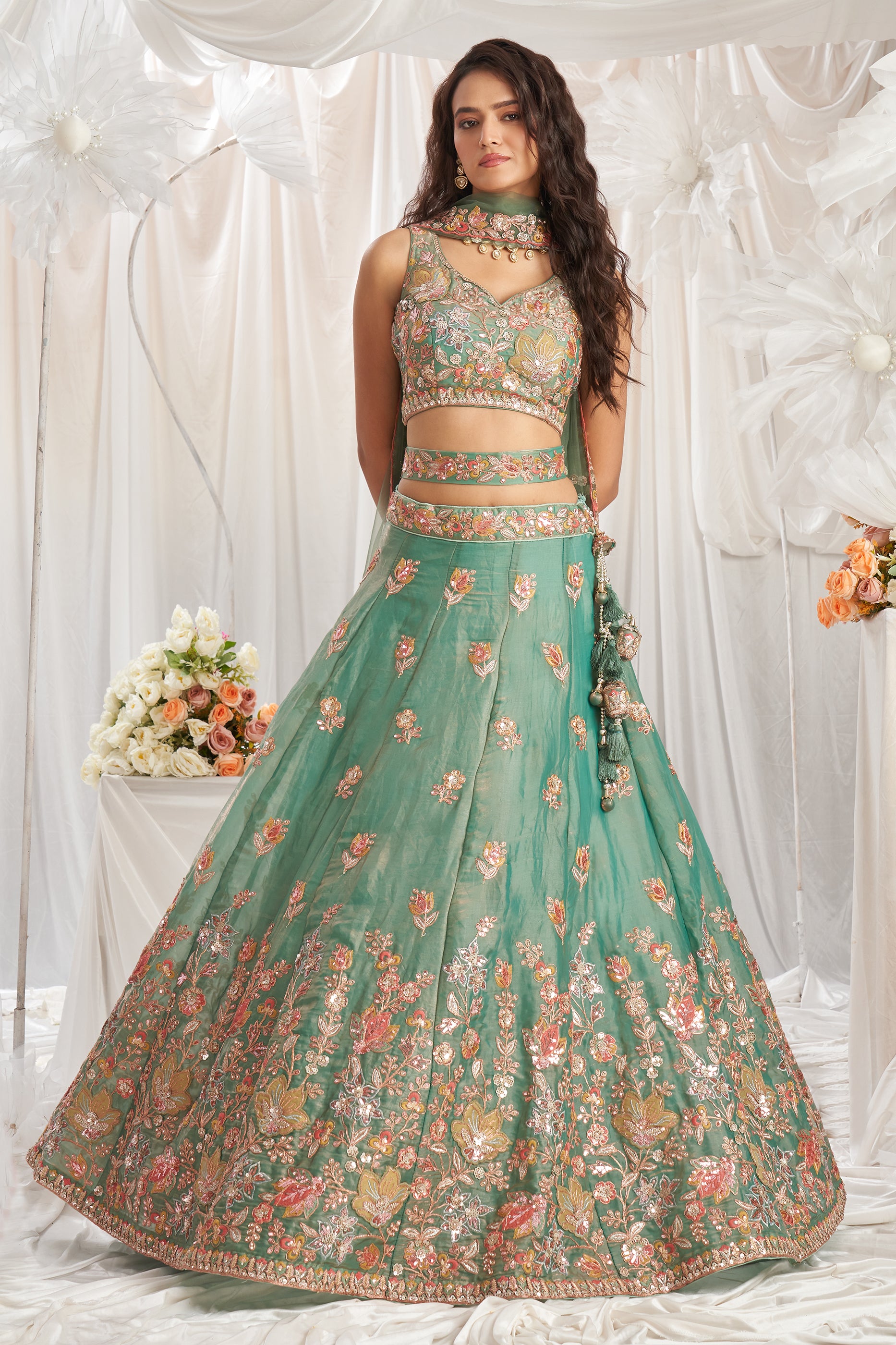 Sage Green Semi-Stitched Embroidered Organza Lehenga-SAR12836_4_SareeButa.com