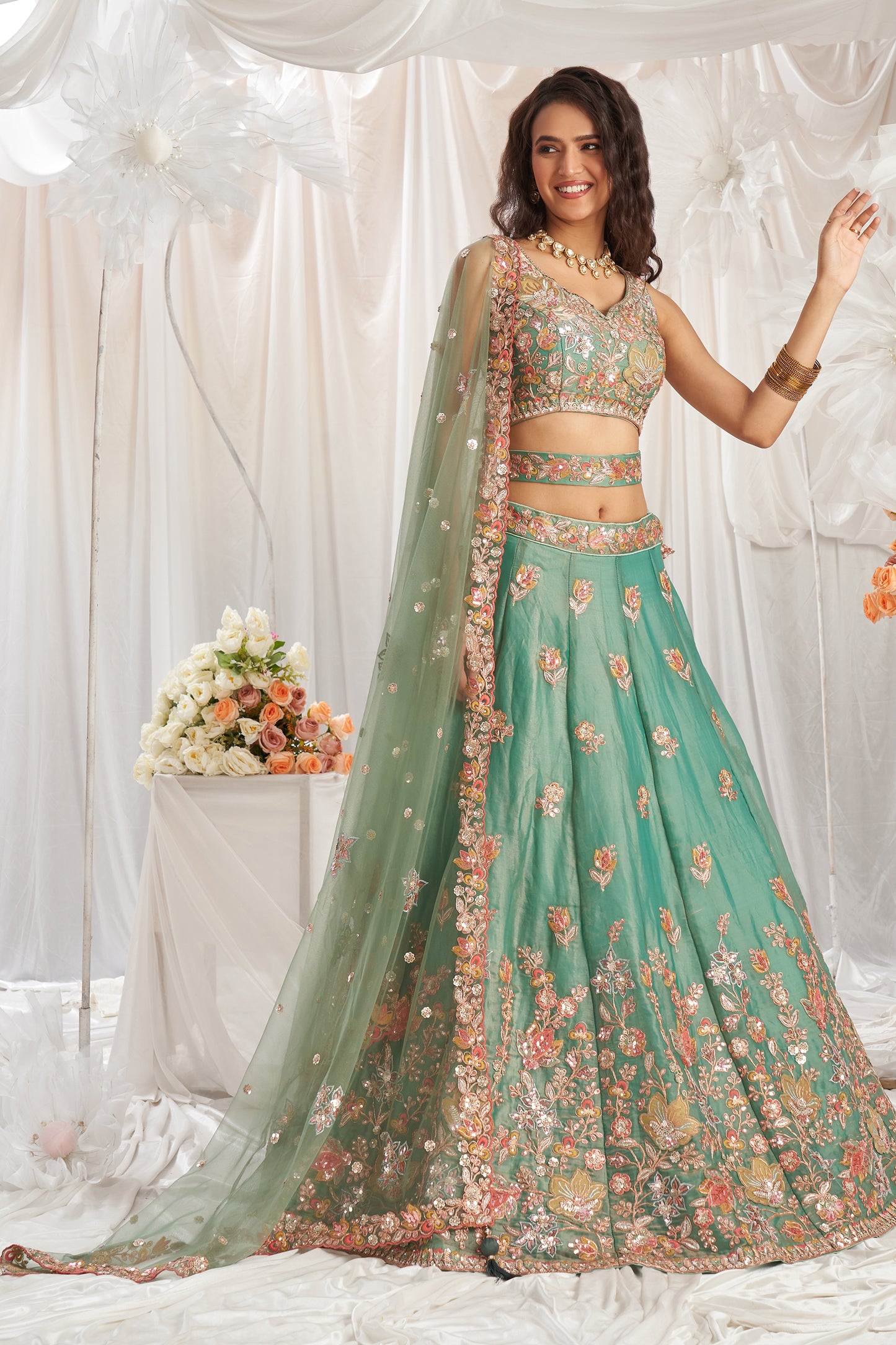 Sage Green Semi-Stitched Embroidered Organza Lehenga-SAR12836_5_SareeButa.com