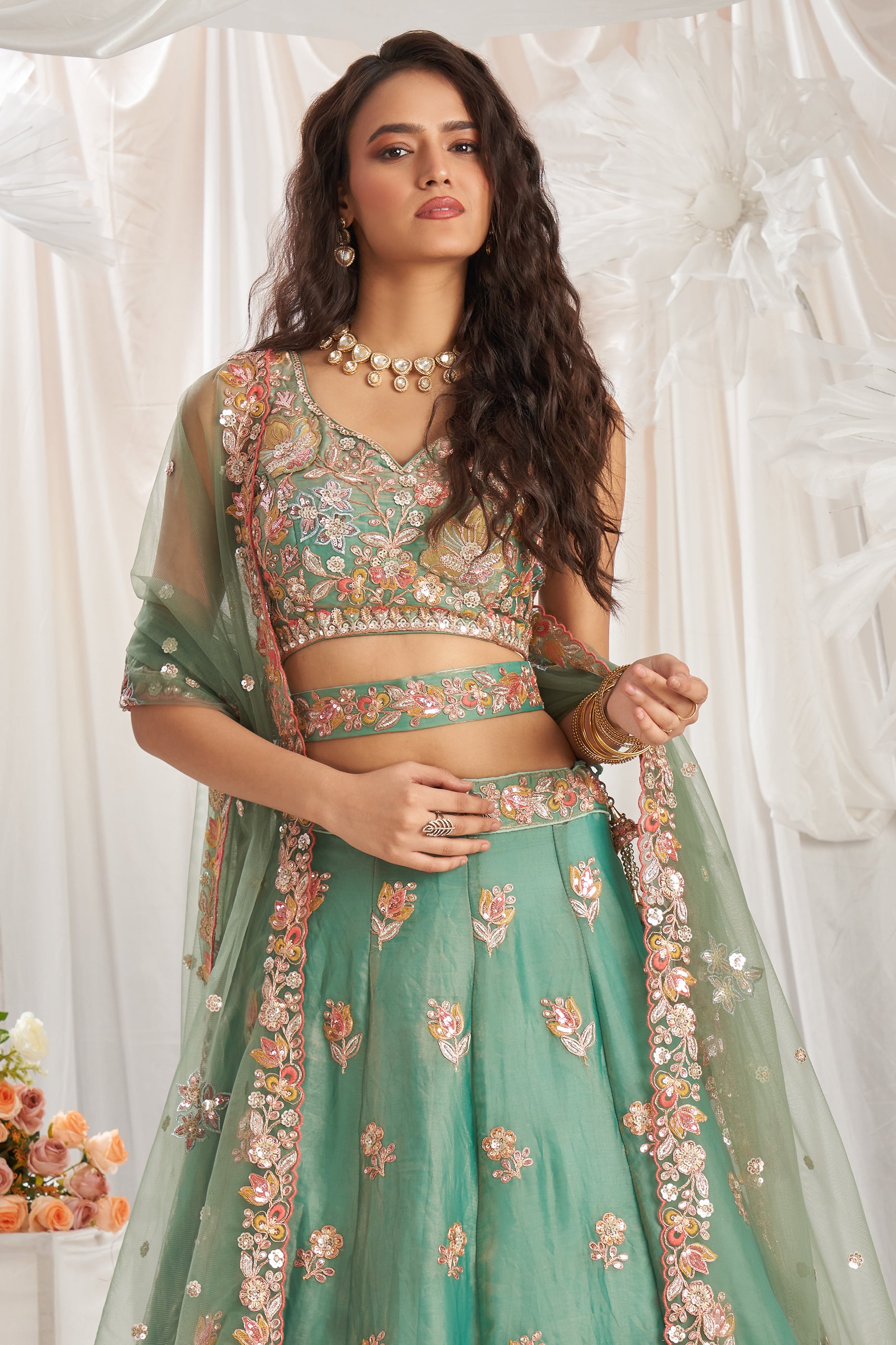 Sage Green Semi-Stitched Embroidered Organza Lehenga-SAR12836_7_SareeButa.com