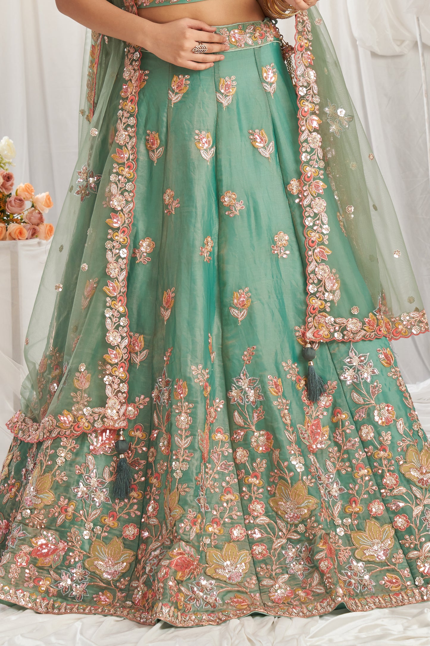 Sage Green Semi-Stitched Embroidered Organza Lehenga-SAR12836_8_SareeButa.com