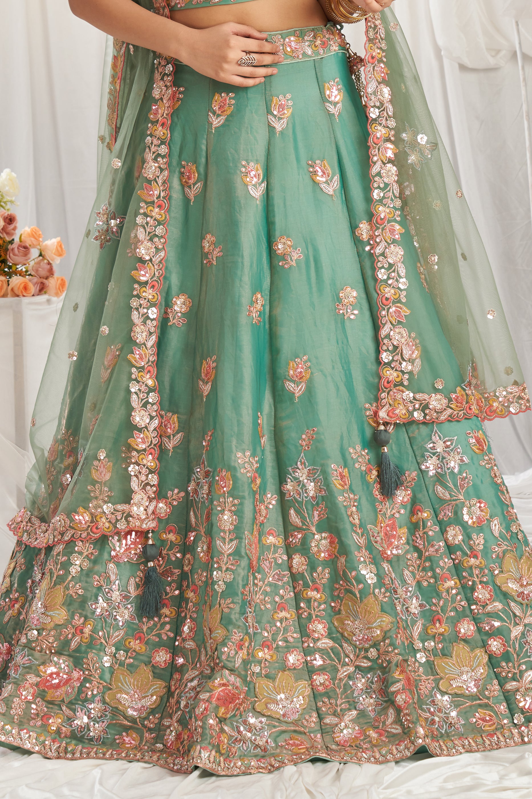 Sage Green Semi-Stitched Embroidered Organza Lehenga-SAR12836_8_SareeButa.com