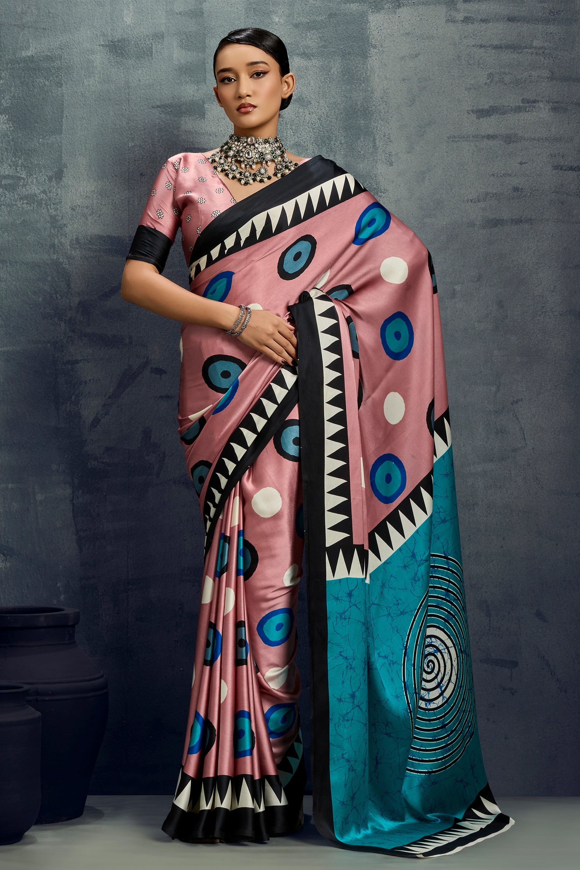 Salmon Pink Ajrakh Print Satin Saree-SAR11924_1_SareeButa.com