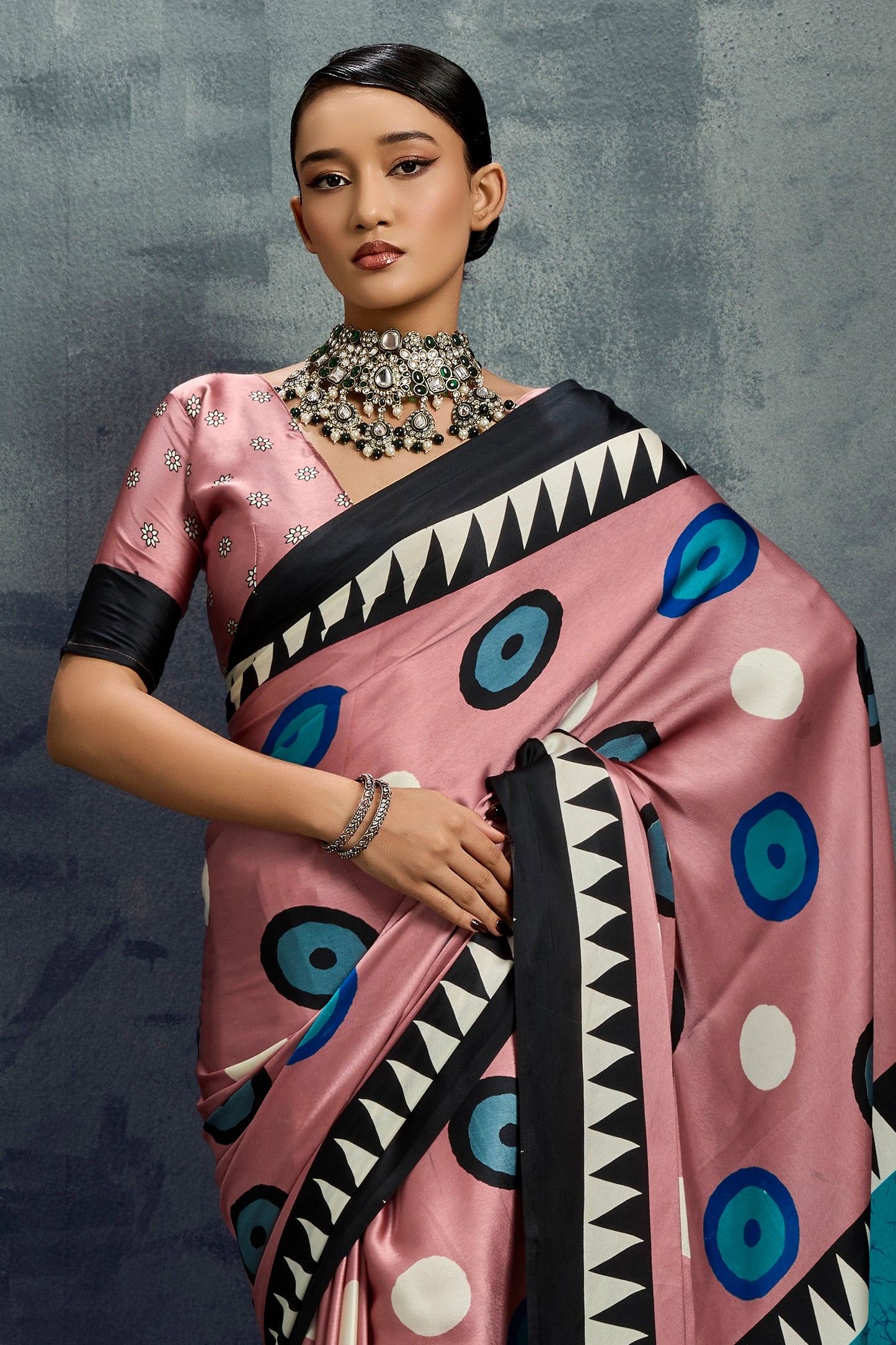 Salmon Pink Ajrakh Print Satin Saree-SAR11924_2_SareeButa.com
