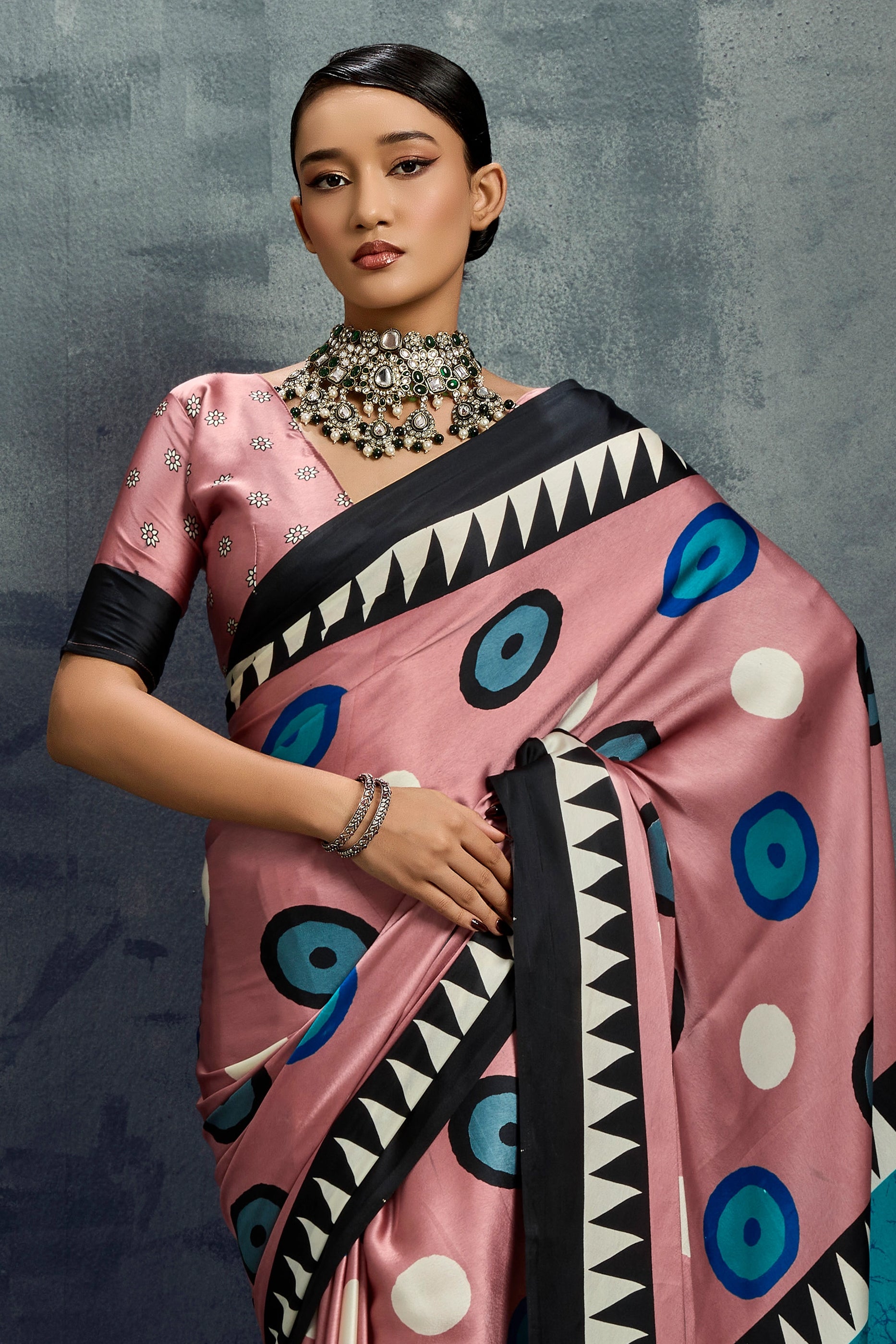 Salmon Pink Ajrakh Print Satin Saree-SAR11924_2_SareeButa.com