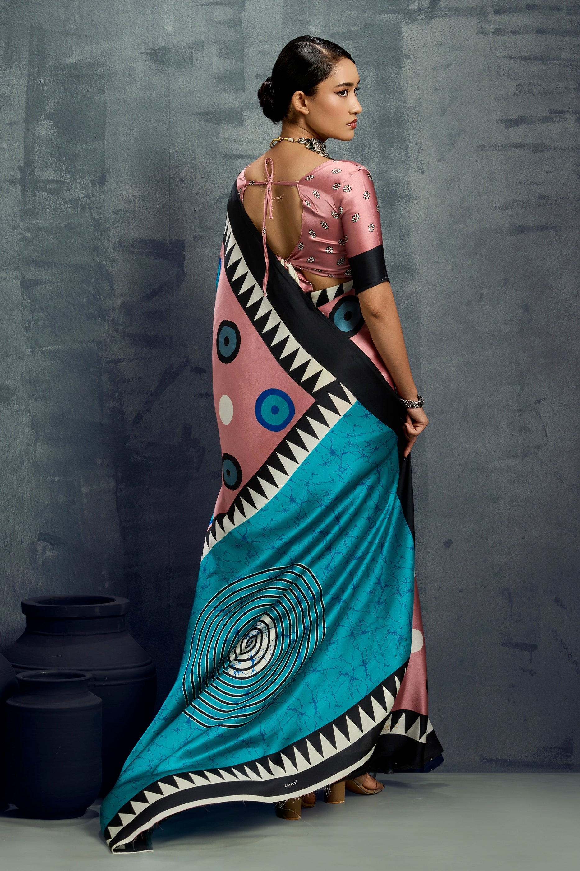 Salmon Pink Ajrakh Print Satin Saree-SAR11924_3_SareeButa.com