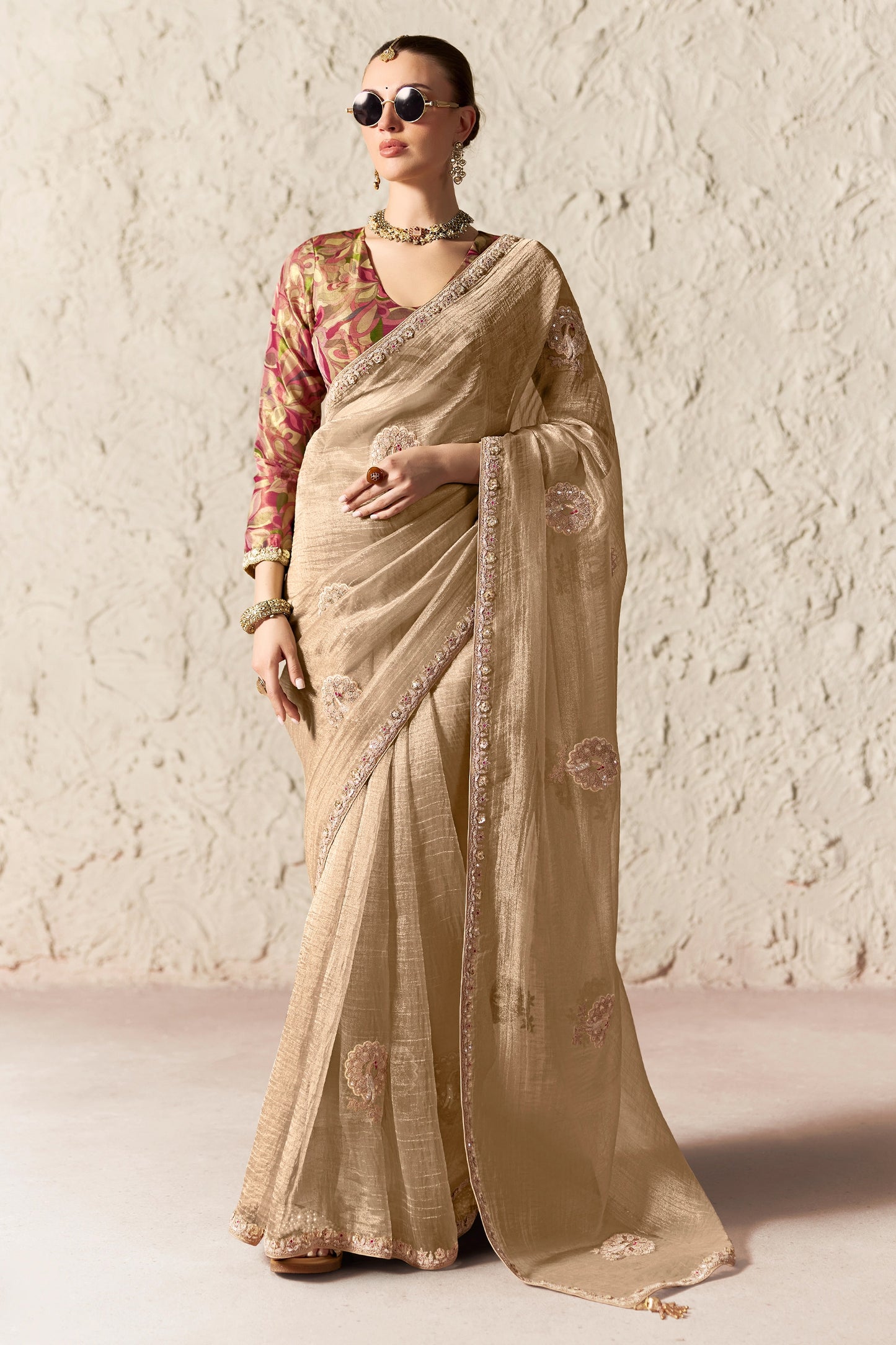 Sand Beige Embroidered Tissue Organza Saree-SAR12790_1_SareeButa.com
