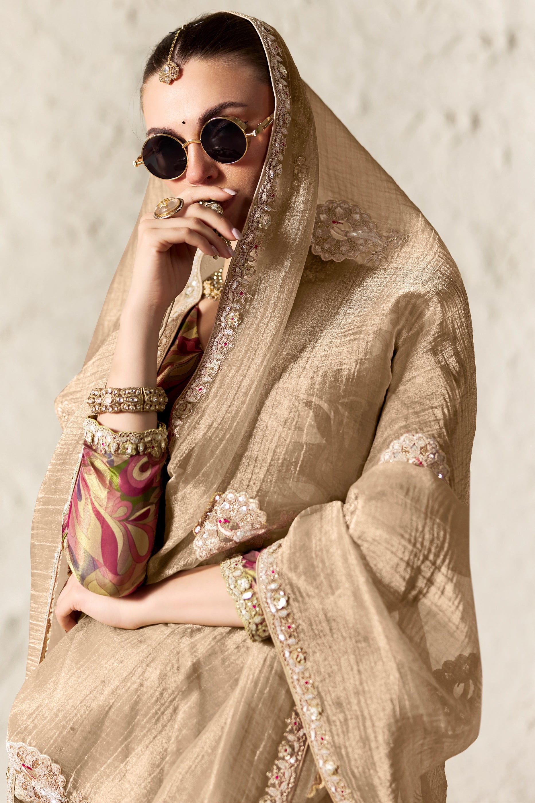 Sand Beige Embroidered Tissue Organza Saree-SAR12790_2_SareeButa.com