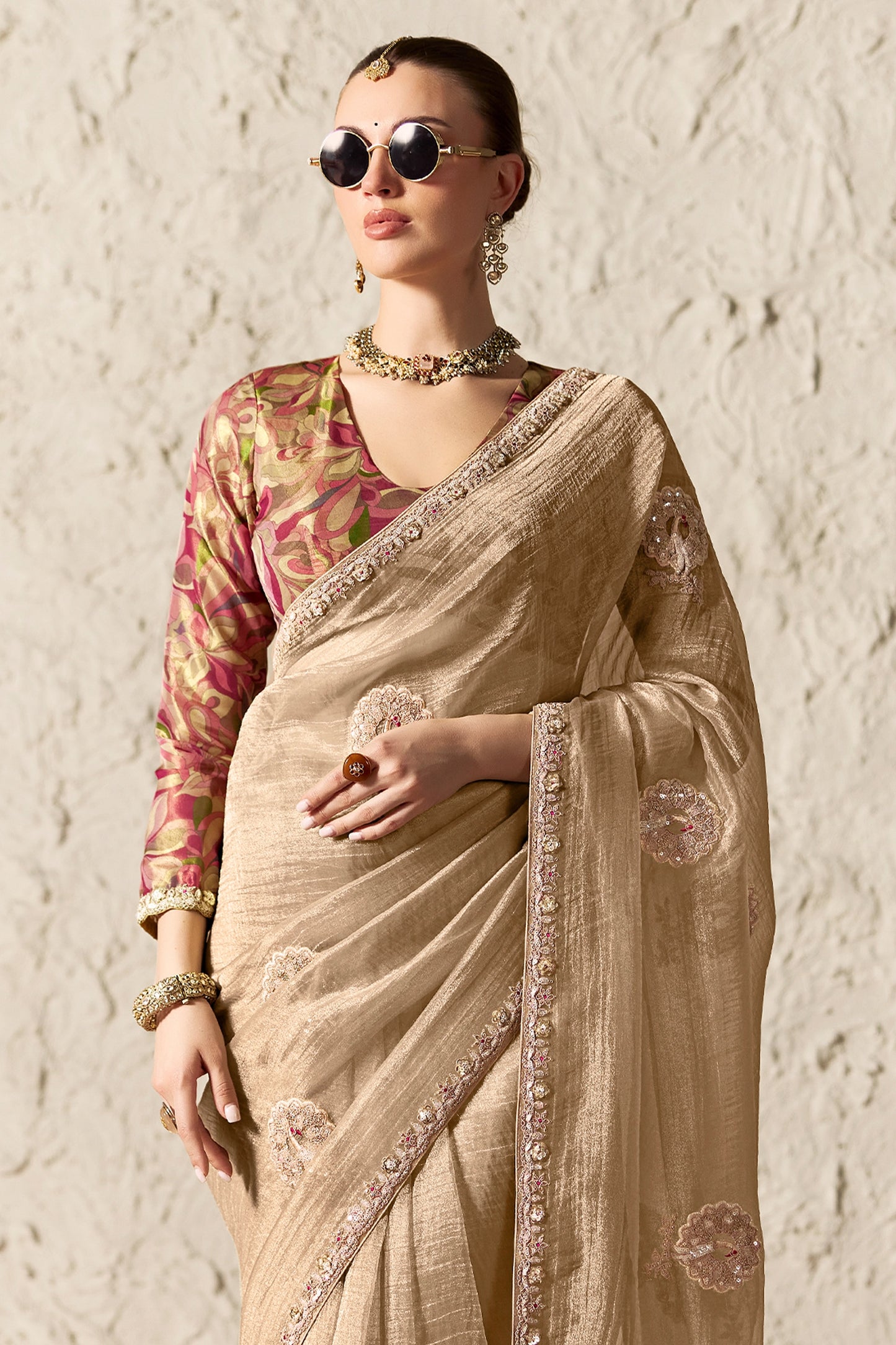 Sand Beige Embroidered Tissue Organza Saree-SAR12790_3_SareeButa.com