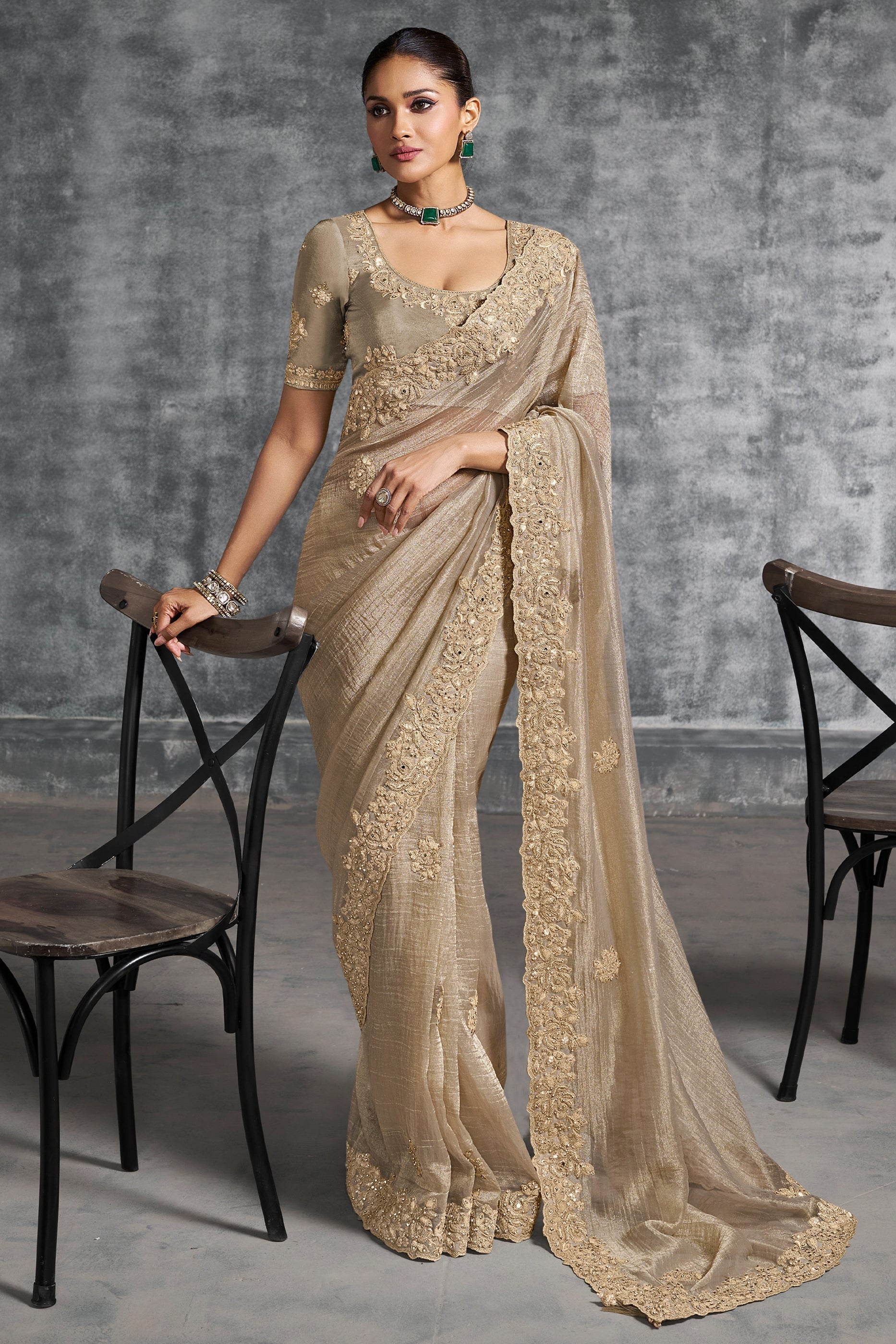 Sand Beige Embroidered Tissue Silk Saree-SAR10449_1_SareeButa.com