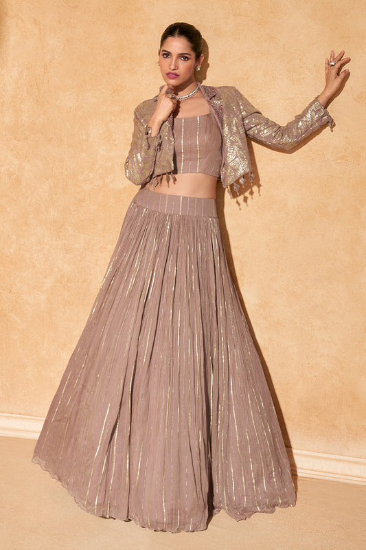 Sand Beige Readymade Chinon Skirt Set-SAR11993_1_SareeButa.com