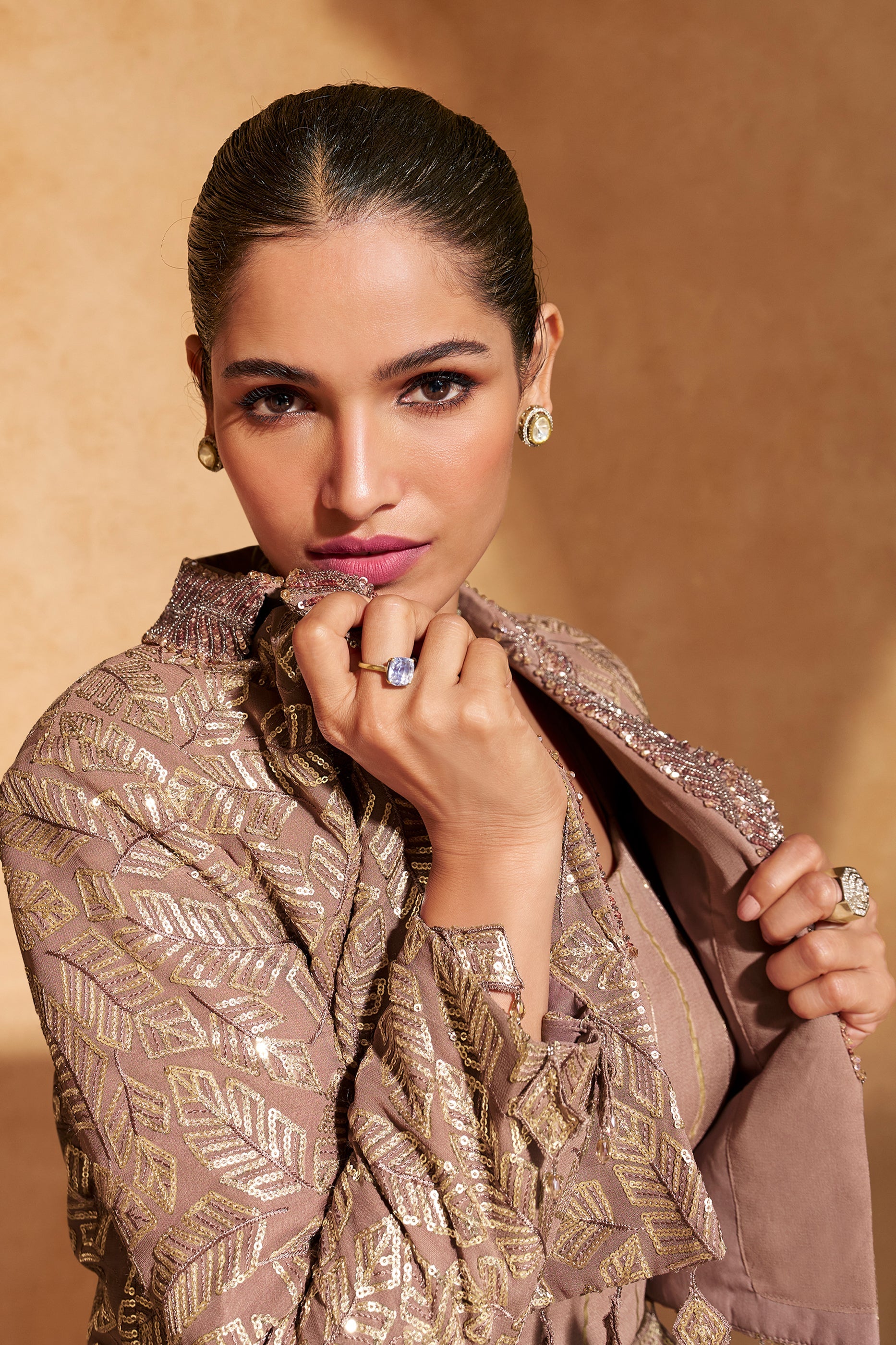 Sand Beige Readymade Chinon Skirt Set-SAR11993_2_SareeButa.com