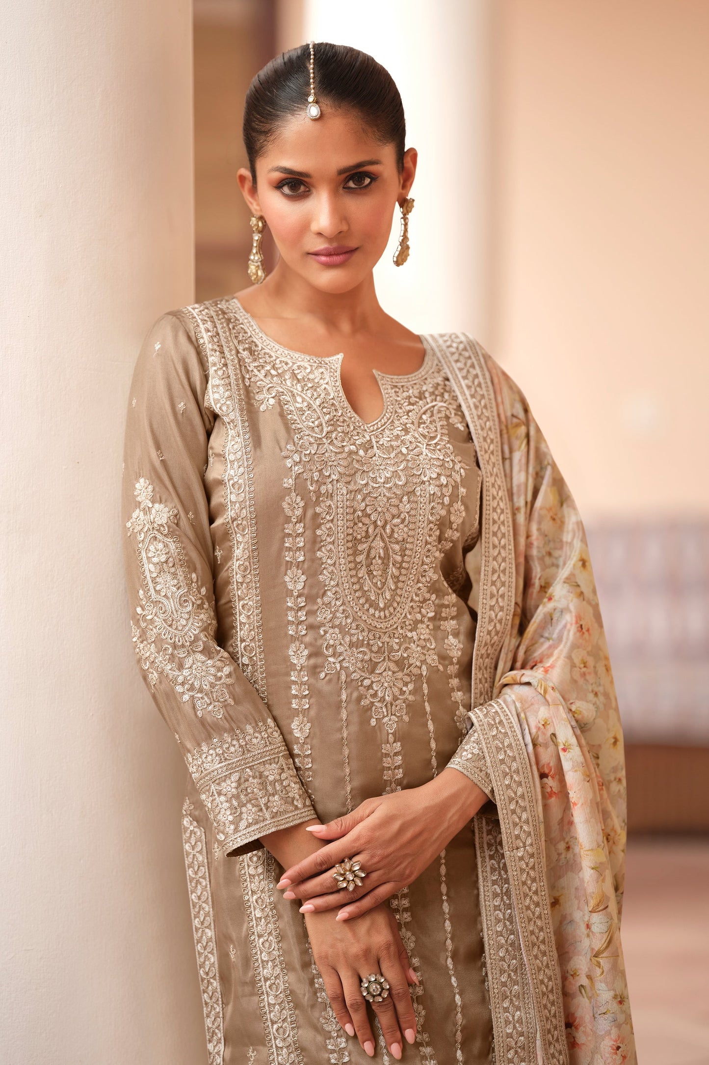 Sand Beige Readymade Embroidered Simar Silk Suit-SAR10652_2_SareeButa.com