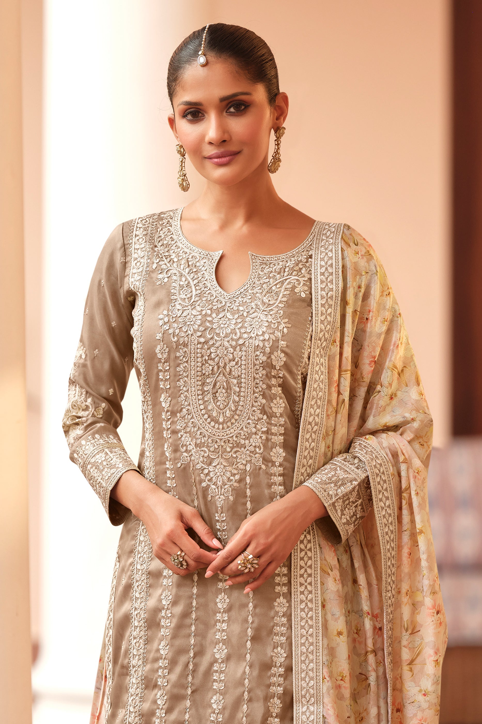 Sand Beige Readymade Embroidered Simar Silk Suit-SAR10652_3_SareeButa.com