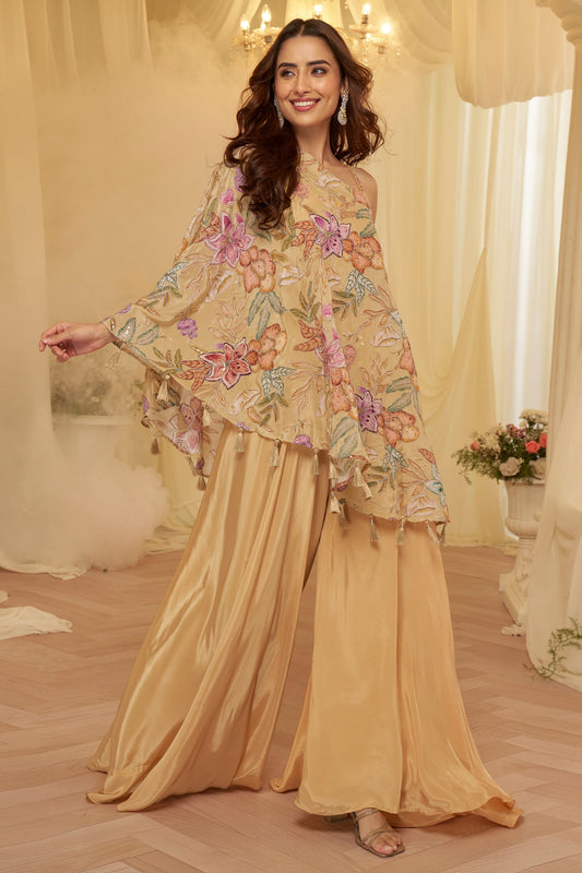 Sand Beige Readymade One Shoulder Palazzo Set-SAR12060_1_SareeButa.com