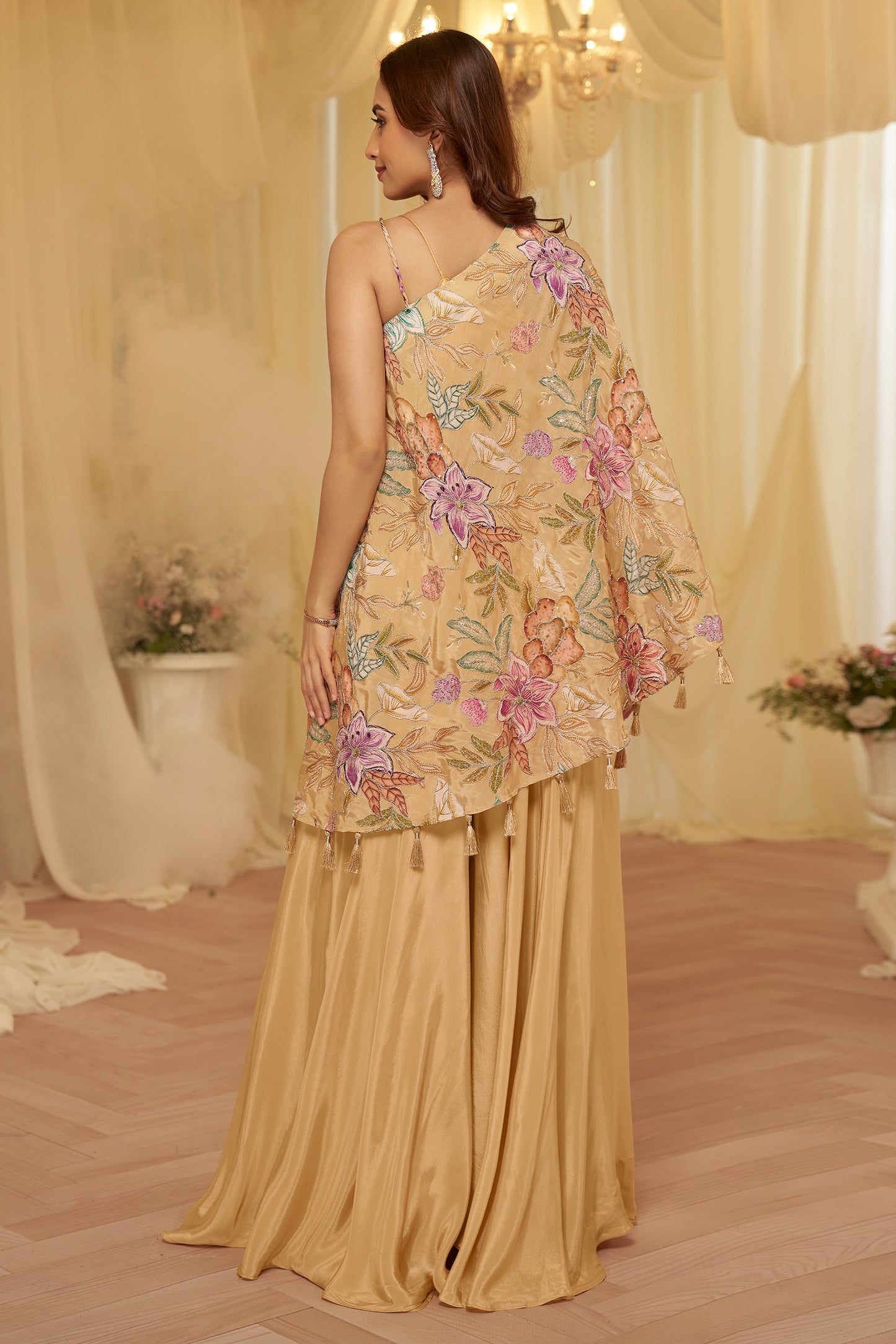 Sand Beige Readymade One Shoulder Palazzo Set-SAR12060_4_SareeButa.com